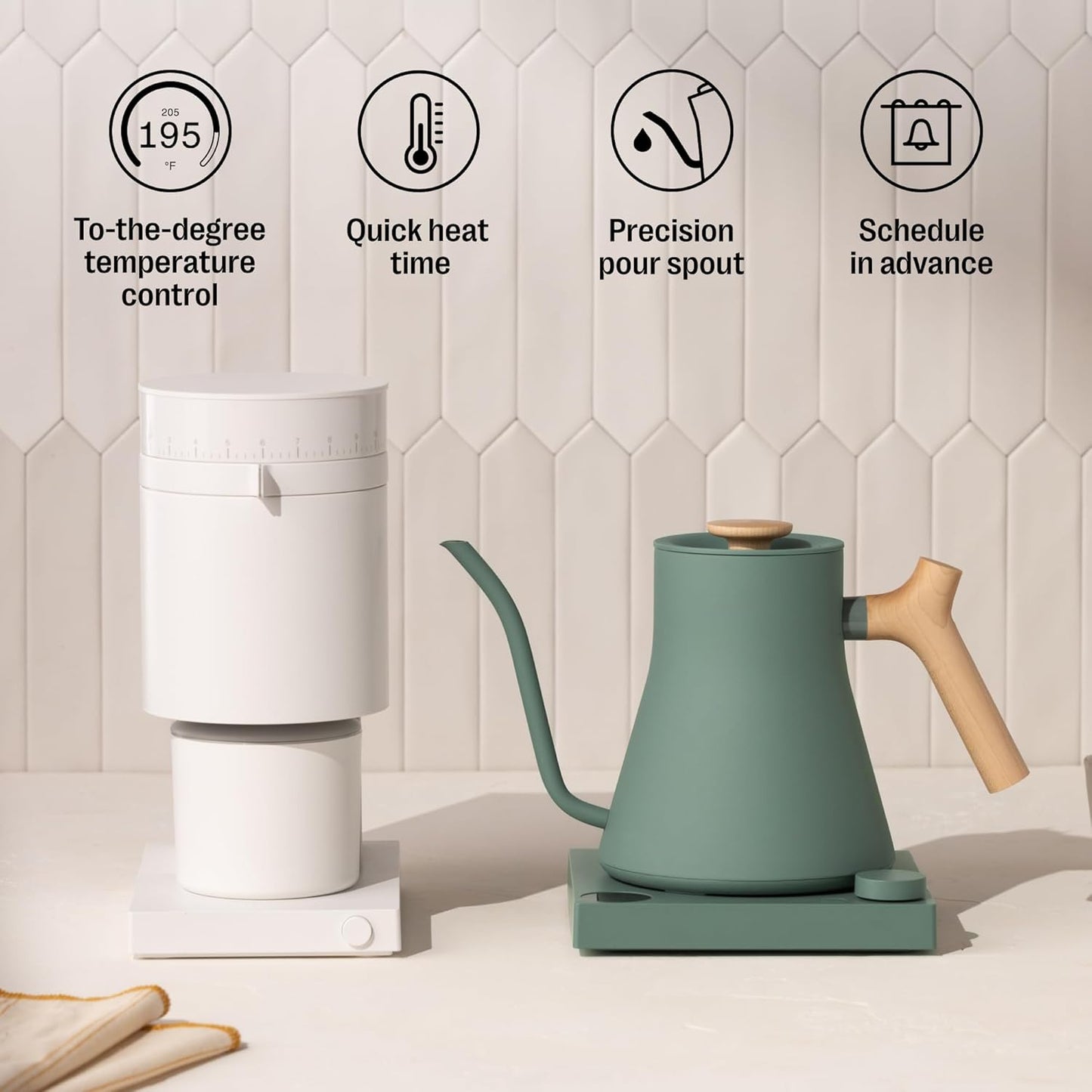 Fellow Stagg EKG Pro Electric Gooseneck Kettle - Pour-Over Coffee and Tea, Quick Heating, Precise Temperature Control, Scheduling, Built-in Brew Timer, Smoke Green with Maple Wood Handle, 0.9 Liter