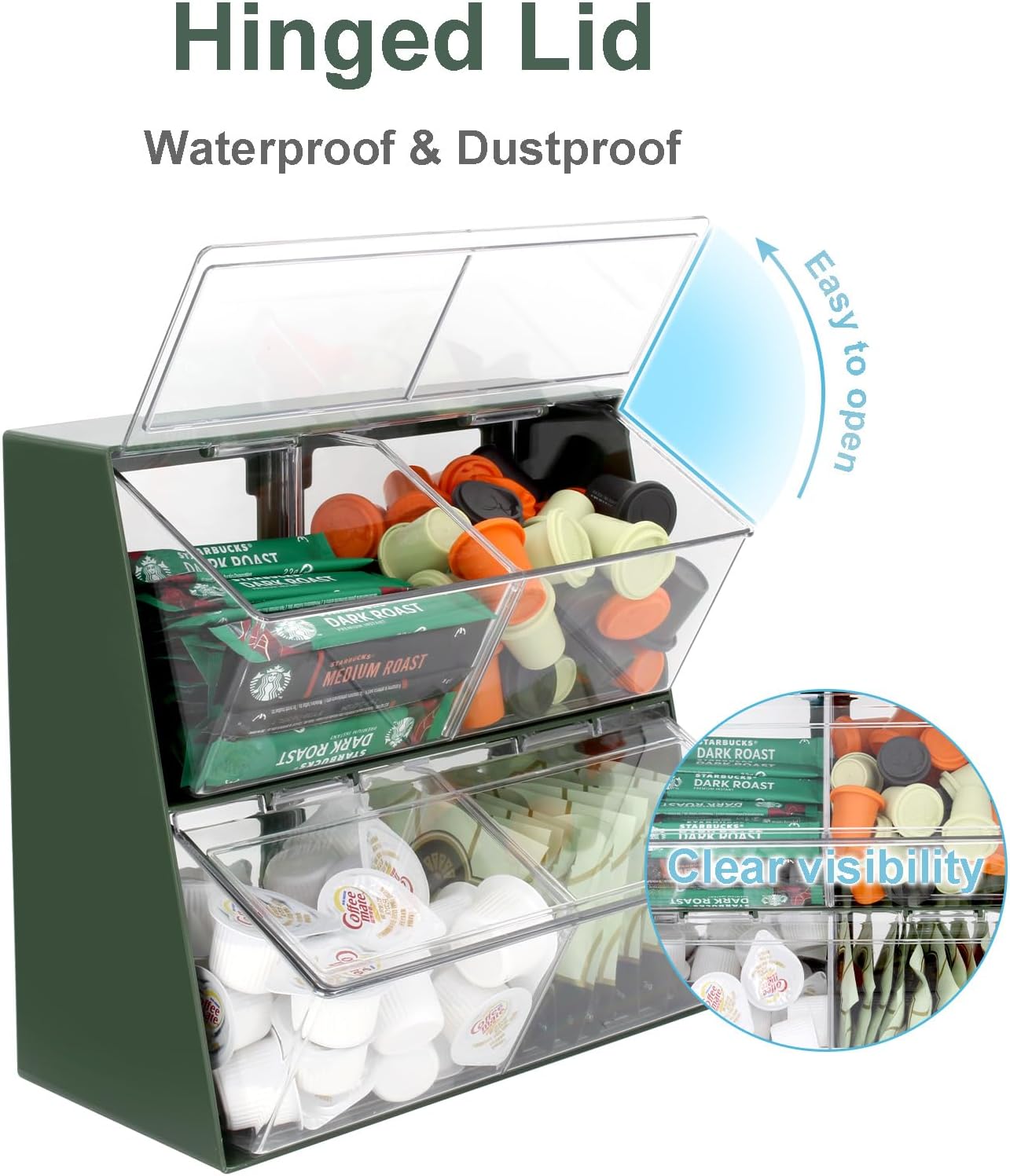 Bokelai Plastic Tea Bag Organizer with Lid - Large Capacity K Cup Holder Countertop & Desk Storage Station for Capsule, Creamer, Sugar Pods & Face Masks - Green/Clear