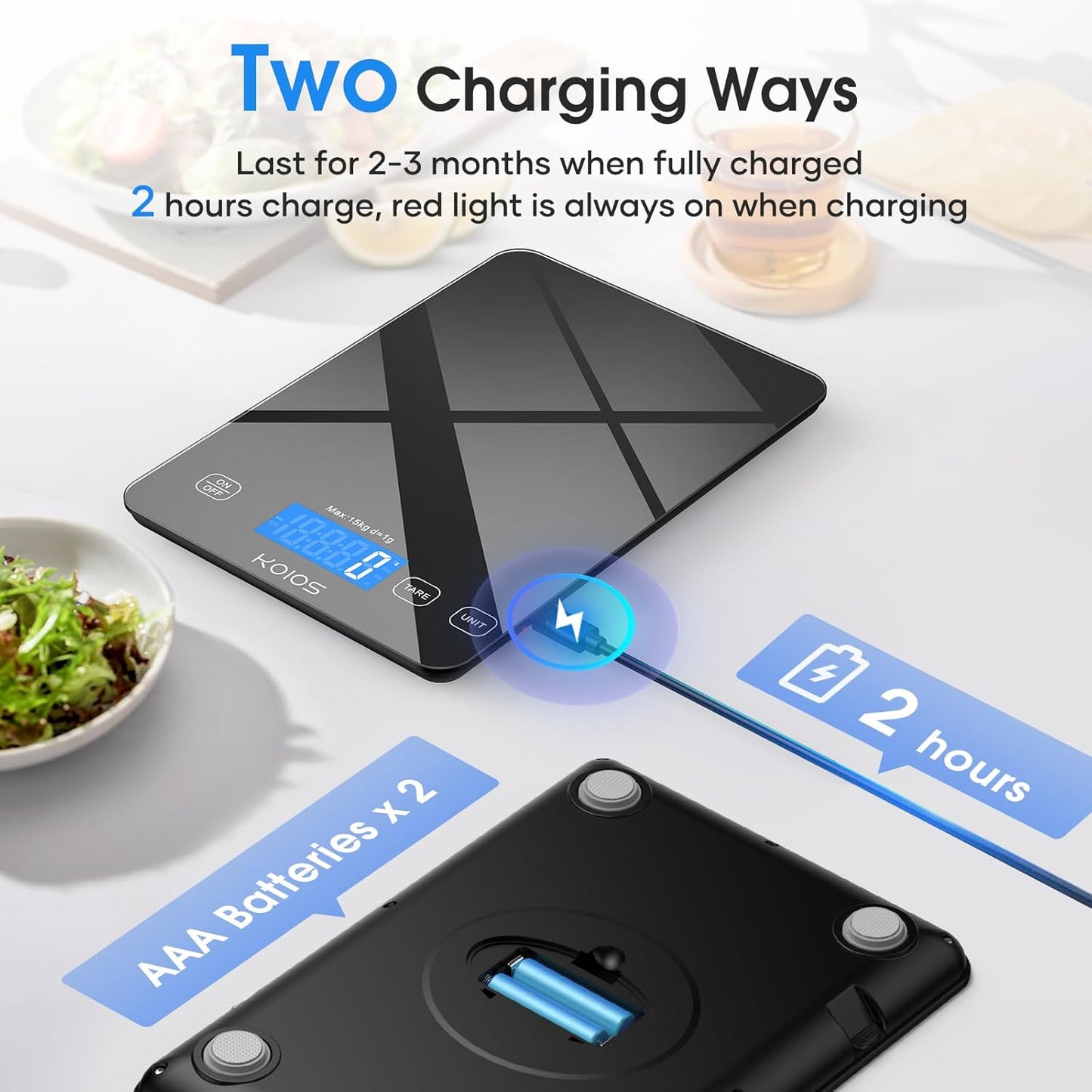 KOIOS Food Scale, 33lb/15kg Digital Kitchen Scale Weight in Grams and Ounces for Cooking Baking, 1g/0.1oz Precise Graduation, Batteries and Type-C Charging, Tare Function, LCD Display, Black