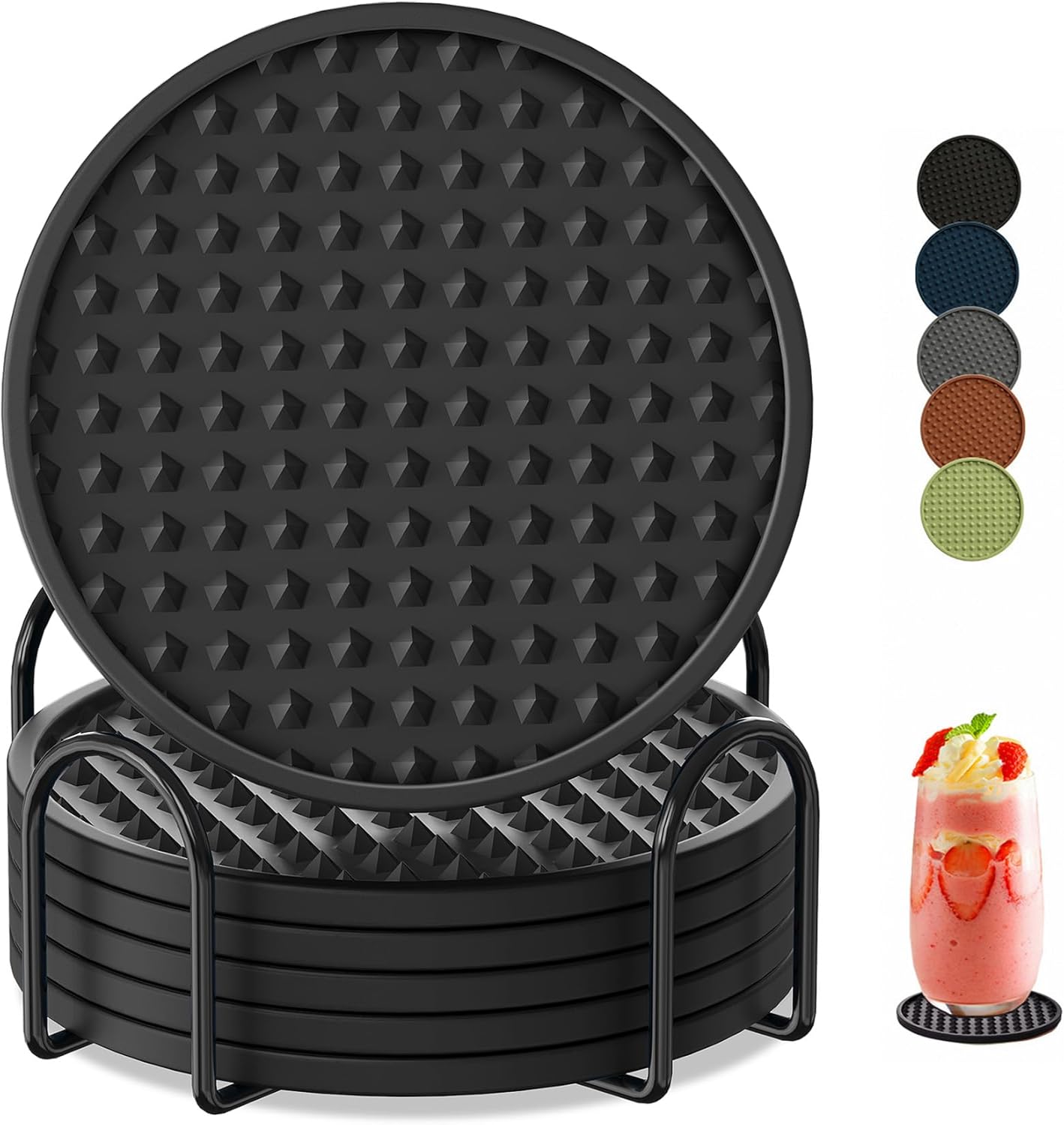 Coasters for Drinks 6 Pack Drink Coaster with Holder,Heat Resistant Silicone Cup Mat Tabletop Protection,Non-Slip Rubber Coasters for Kinds of Cups (Black)