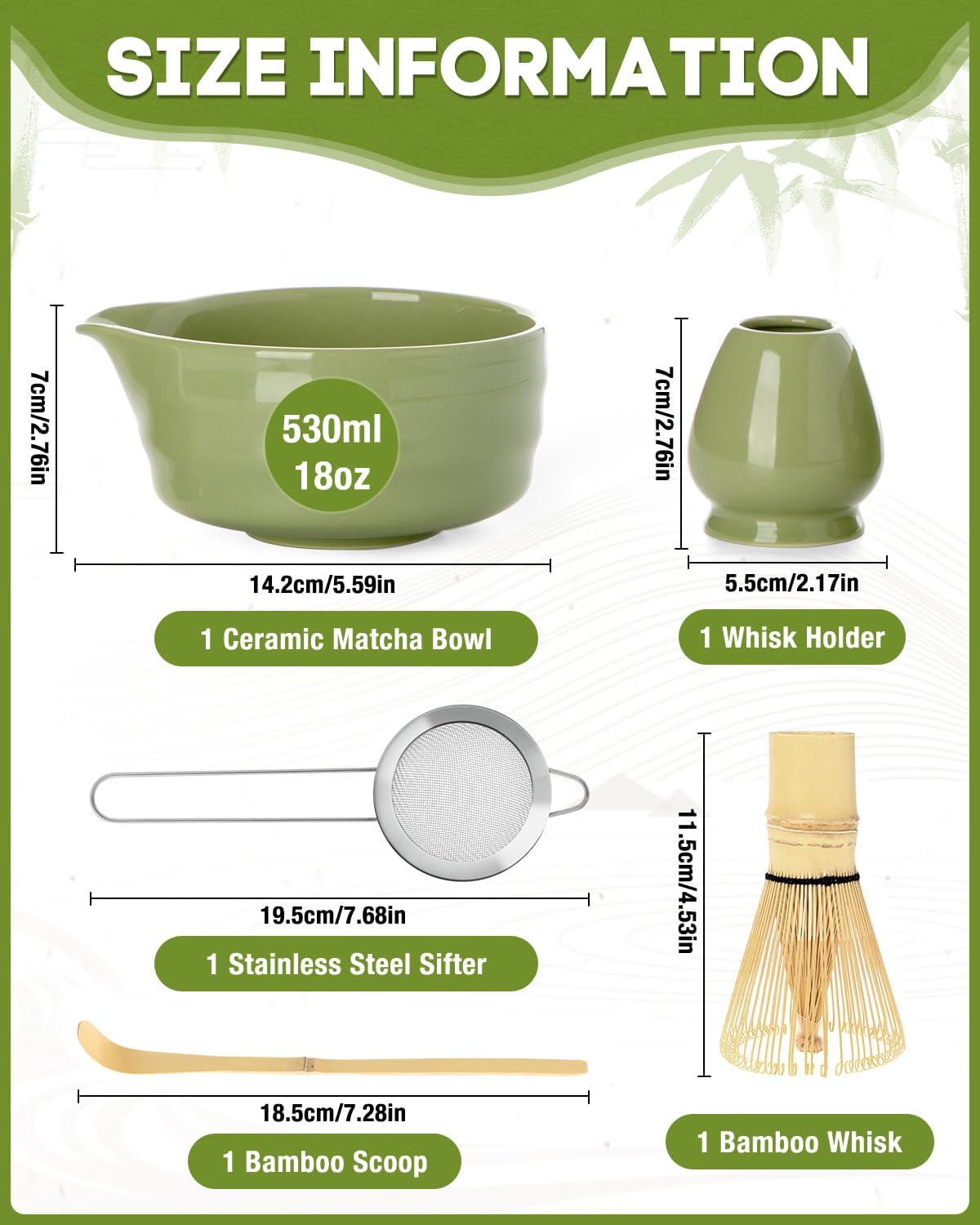 Matcha Whisk Set - 5PCS Matcha Set Includes 17OZ Chawan with Spout, Bamboo Chasen Whisk with Ceramic Holder, Mat cha Scoop and Stainless Sifter, Matcha Kit for Ceremony, Gift for Matcha Lovers