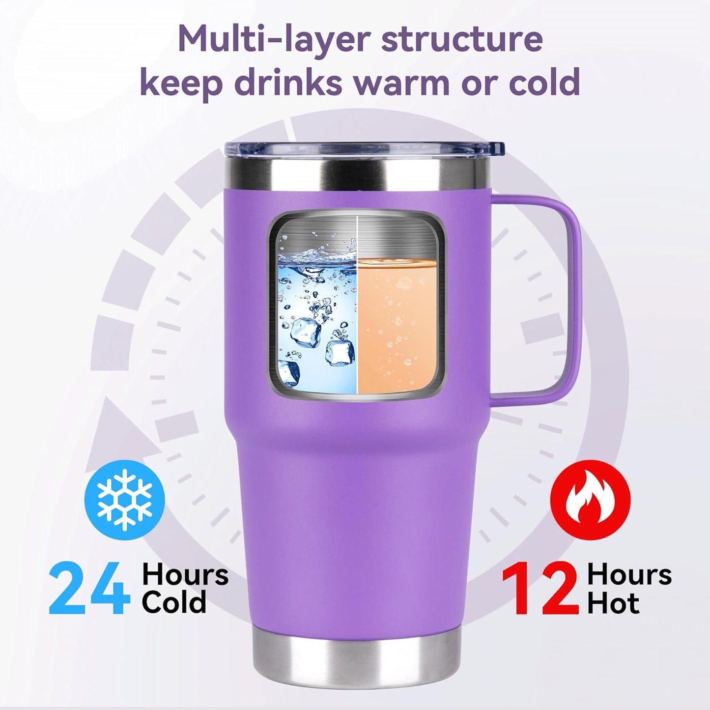 HASLE OUTFITTERS 20oz Tumbler Bulk with Lid, Stainless Steel Tumbler Bulk with Handle, Metal Insulated Travel Coffee Mug Set with Handle, Double Wall Vacuum Leak Proof Tumbler Cup, Purple 12 Pack