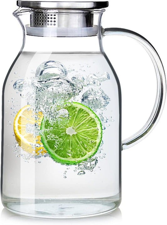 68oz Glass Pitcher with Lid and Handle - High Heat Resistance Glass Water Pitcher for Hot/Cold Water & Iced Tea (2.0L)