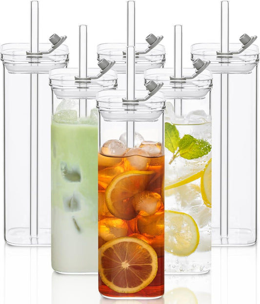 6 Sets Square Drinking Glass Cups, Old Fashioned Glasses, 17 Oz Square Glasses, Clear Highball Modern Glassware Tumbler Mixed Drinkware with Straws for Cocktail Coffee Juice Beer (Square-6PCS)