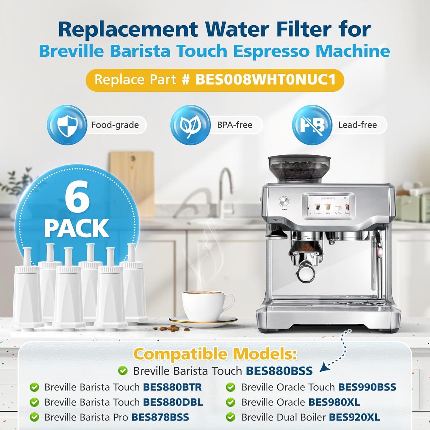 6 Pack Upgrade Water Filters Compatible with Breville BES880 Barista Touch, BES990 BES980 Oracle Touch and BES878 BES920 Bambino ClaroSwiss Sage Espresso coffee Machine, #BES008WHT0NUC1