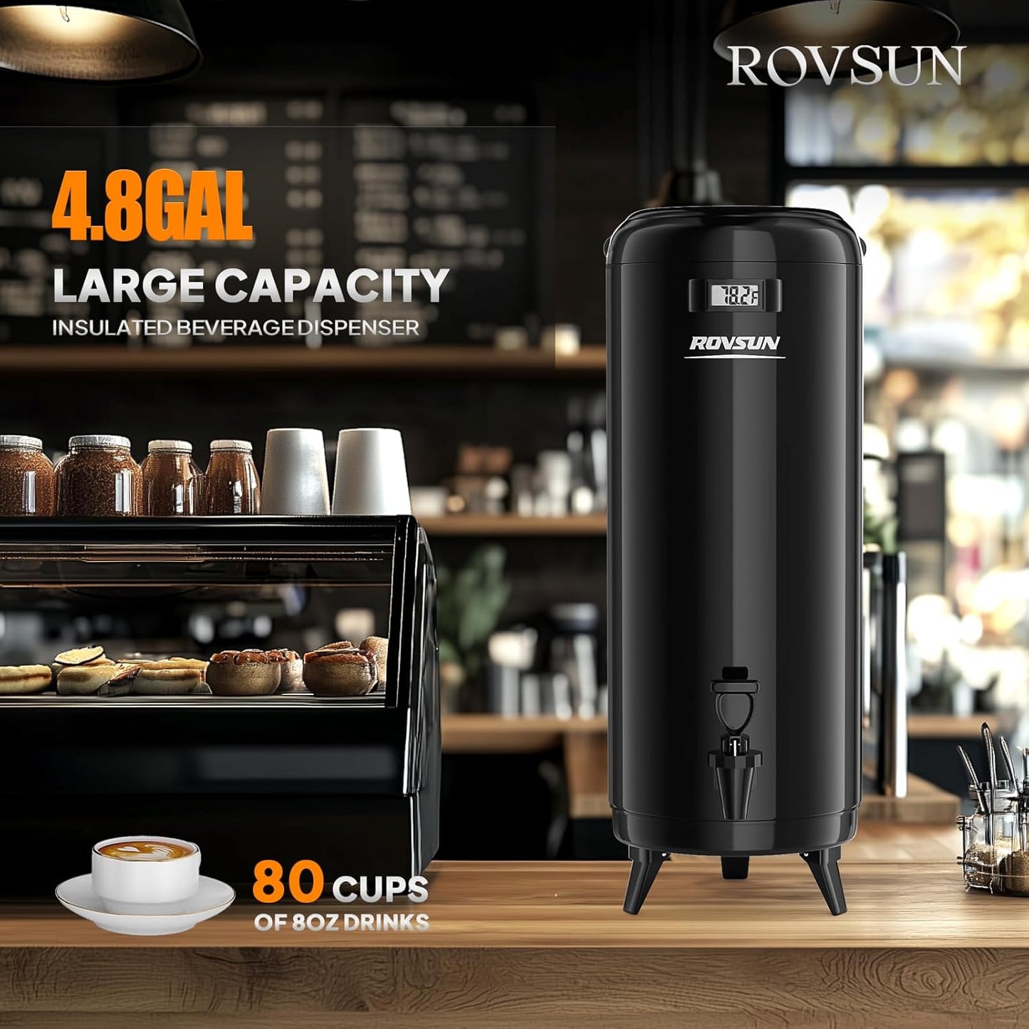 ROVSUN 4.8 Gallon Insulated Beverage Dispenser, Stainless Steel Hot and Cold Drink Dispenser, Ice and Hot Drink Server w/Spigot, Hot and Cold Beverage Server for Coffee, Tea, Milk & Juice