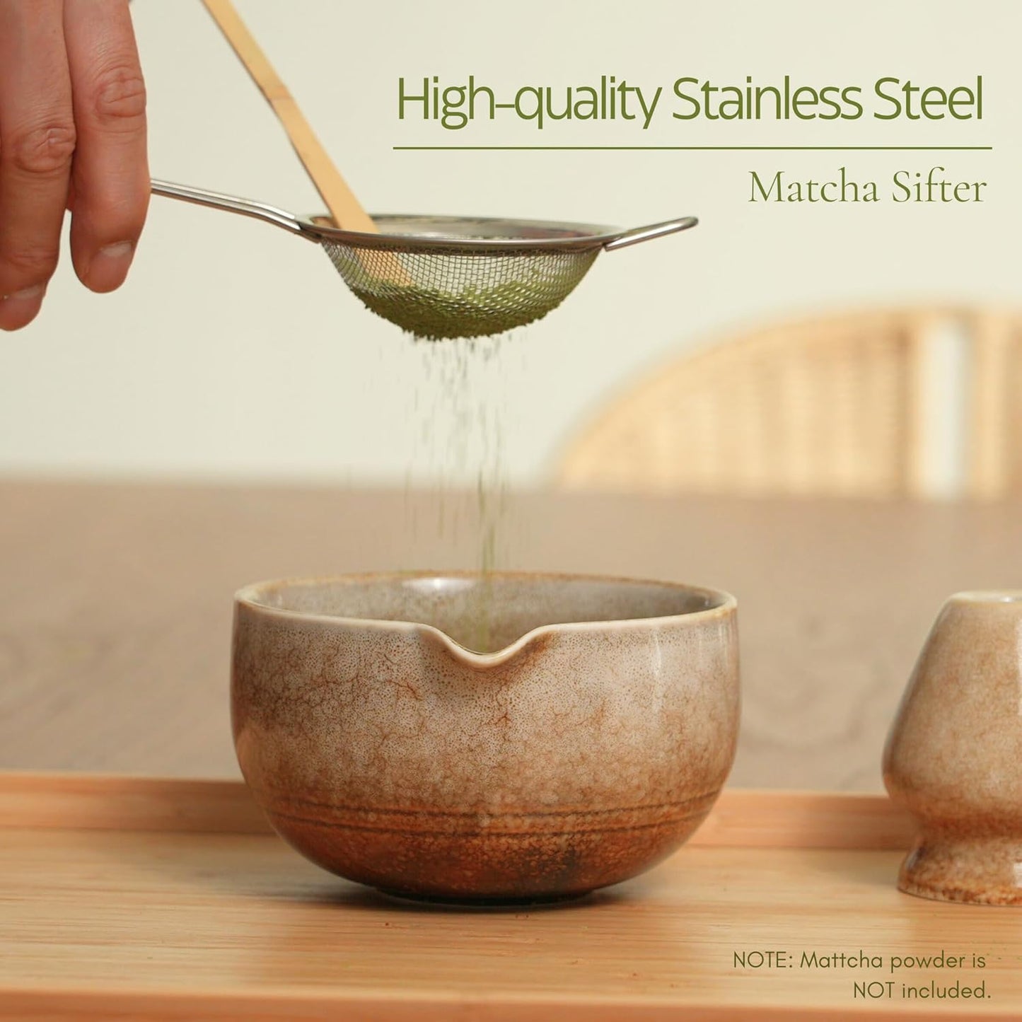 Matcha Whisk Set, Matcha Set, Handcrafted Bamboo Chasen & Ceramic Bowl Matcha Kit, 5 Pcs Matcha Set Whisk and Bowl with Stainless Steel Sifter, Bamboo Scoop & Holder for Matcha Tea Ceremony,Taupe