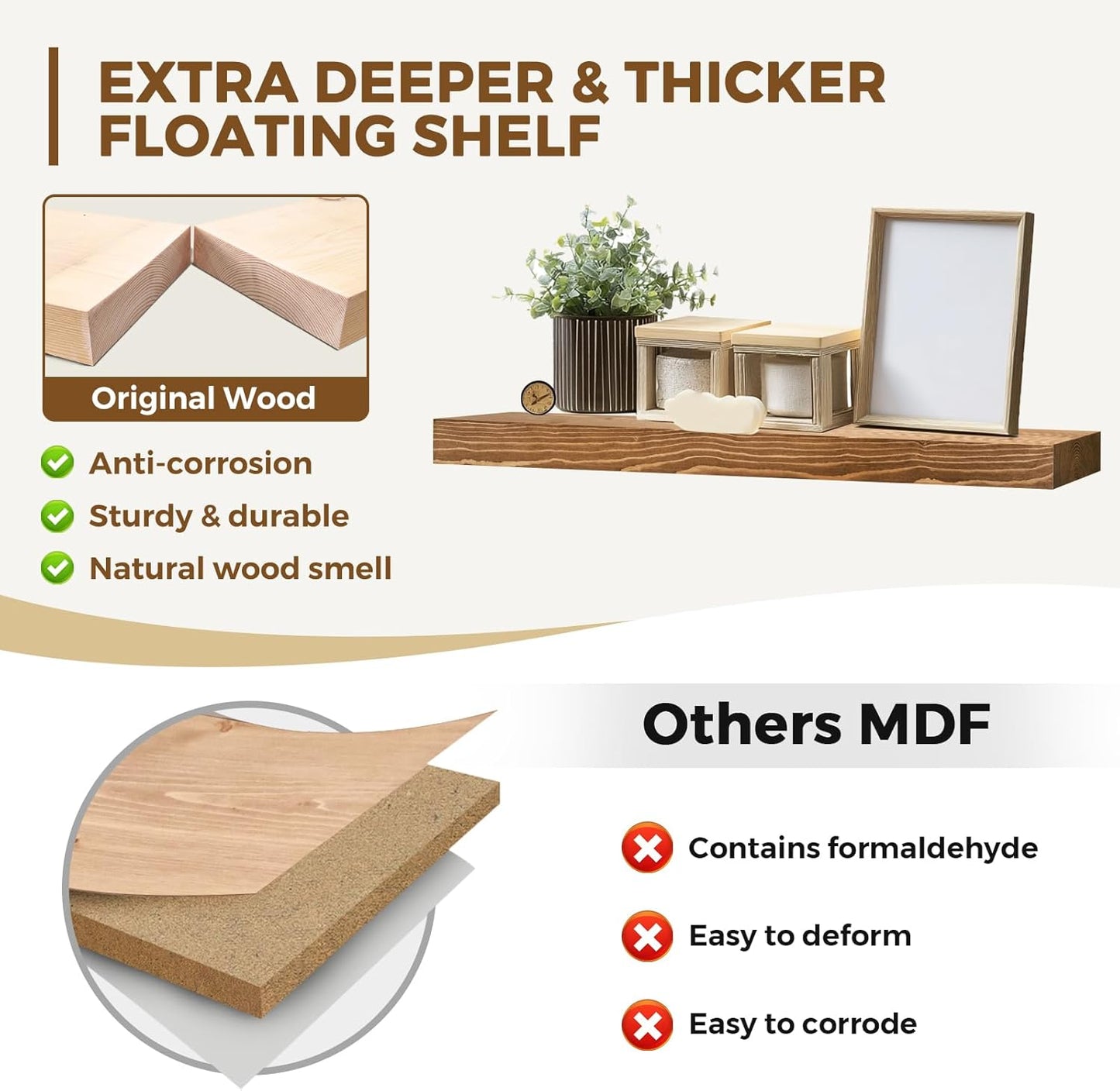 36x8x1.6 inch Floating Shelves Set of 2 – Solid Wood Rustic Oak Wall Mounted Shelf for Kitchen, Bathroom, Living Room