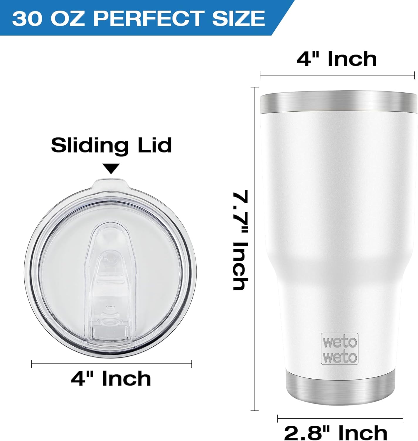 WETOWETO 30oz Tumbler, Stainless Steel Vacuum Insulated Water Coffee Tumbler Cup, Double Wall Powder Coated Spill-Proof Travel Mug Thermal Cup for Home Outdoor (White, 1 Pack)