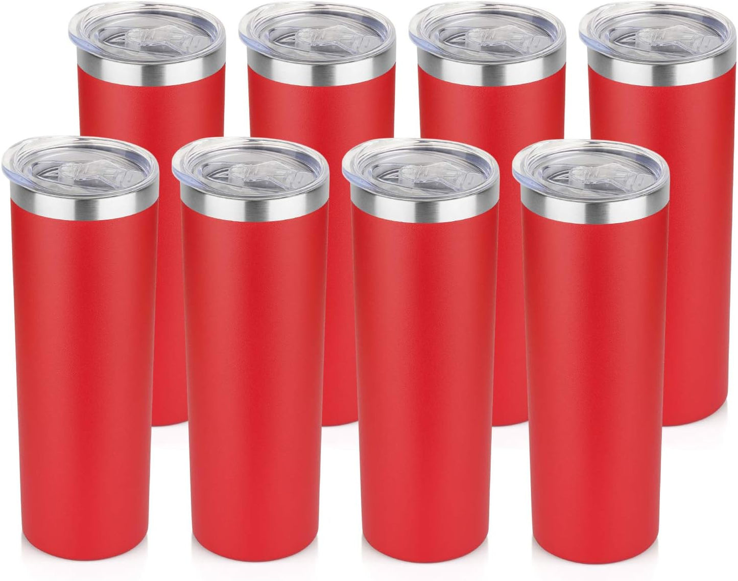 HASLE OUTFITTERS 20 oz Skinny Tumblers Bulk Set, Stainless Steel Insulated Slim Tumblers with Lids, Reusable Double Wall Travel Coffee Mugs, Durable Powder Coated Travel Water Cups(Red, 8)