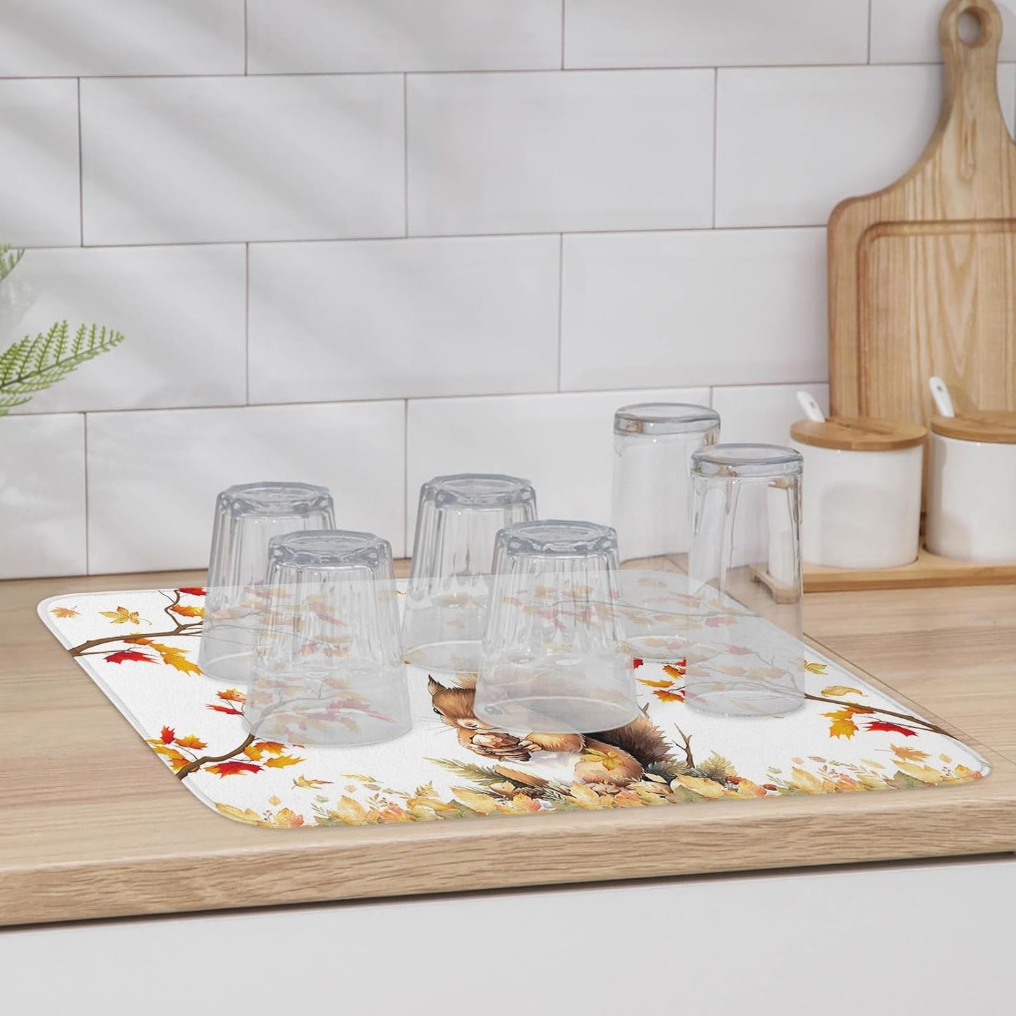 Fall Dish Drying Mat for Kitchen Counter Squirrel Drying Pad Absorbent Drying Mats for Countertops Sinks Draining Racks Pine Cone Autumn Maple Leaves Drainer Holiday Harvest Thanksgiving Decor 16x18