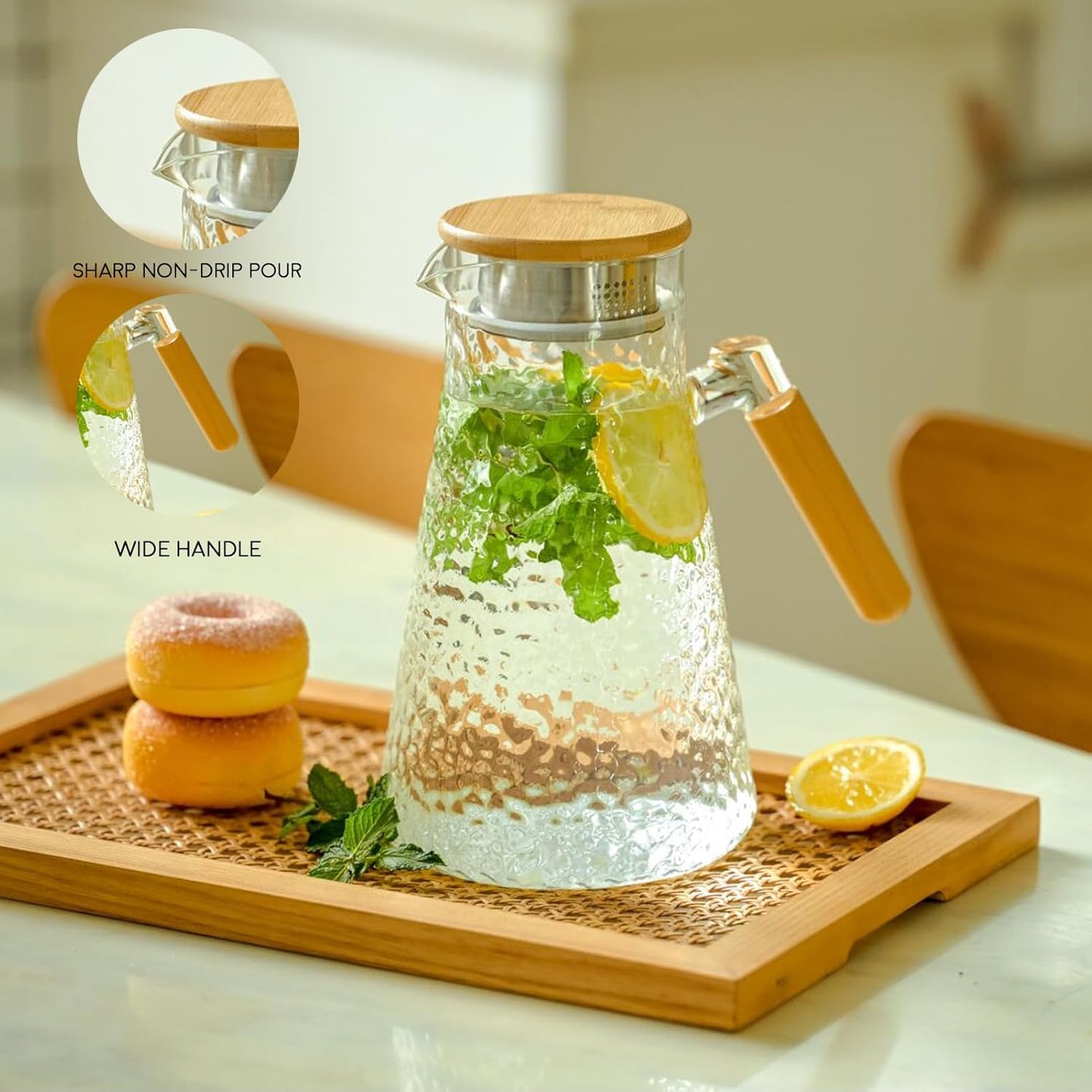 Glass Pitcher, 60 oz 1.8 Liter Glass Water Pitcher with Lid,Hand Blown Iced Tea Pitcher for Fridge,for Juice, Coffee, Milk, Cold or Hot Beverages, Heat Resistant