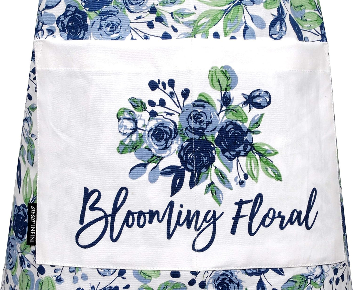 AMOUR INFINI Cotton Aprons for Women with Pocket, Adjustable Strap & Waist Ties - Washable Aprons for Baking, Cooking, Gardening (27.5 x 33 Inches - Blooming Floral)