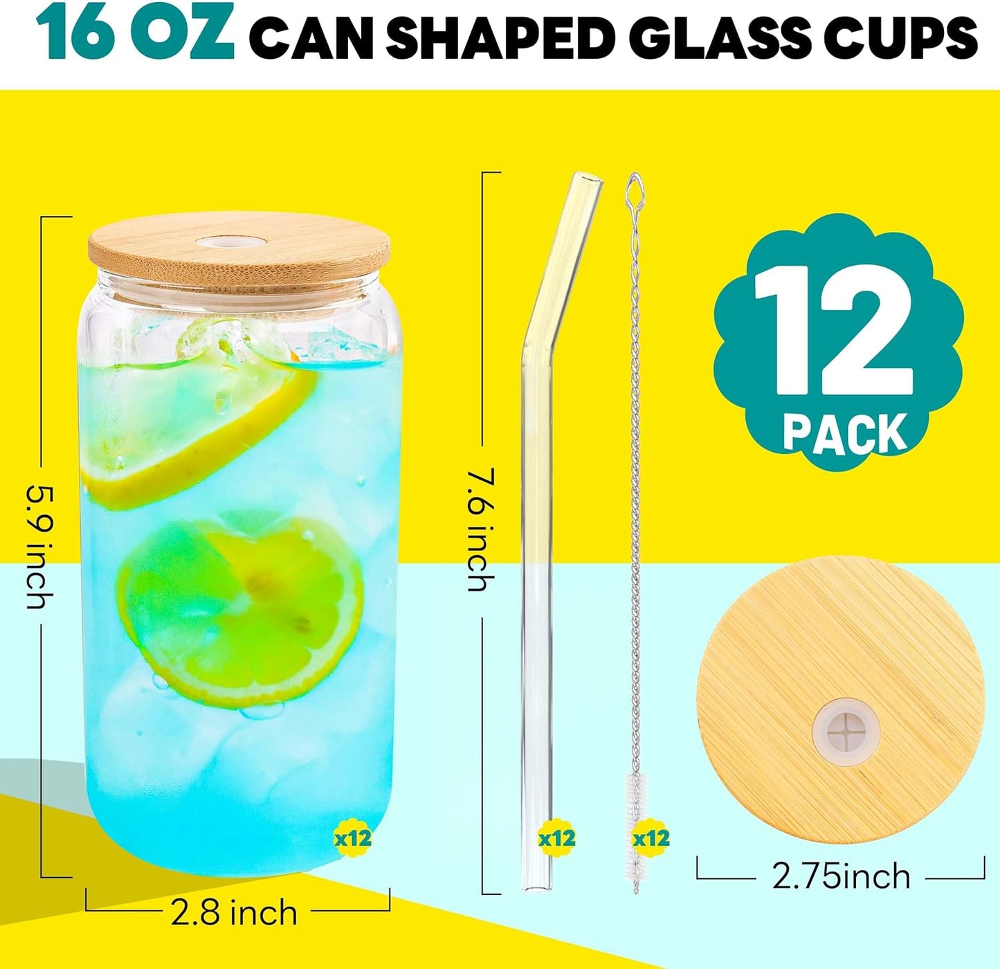Joyclub Glass Cups with Bamboo Lids and Straws 12 Set 16 oz Reusable Iced Coffee Cup Beer Can Drinking Jars for Smoothie Whiskey Boba Soda Tea Gift