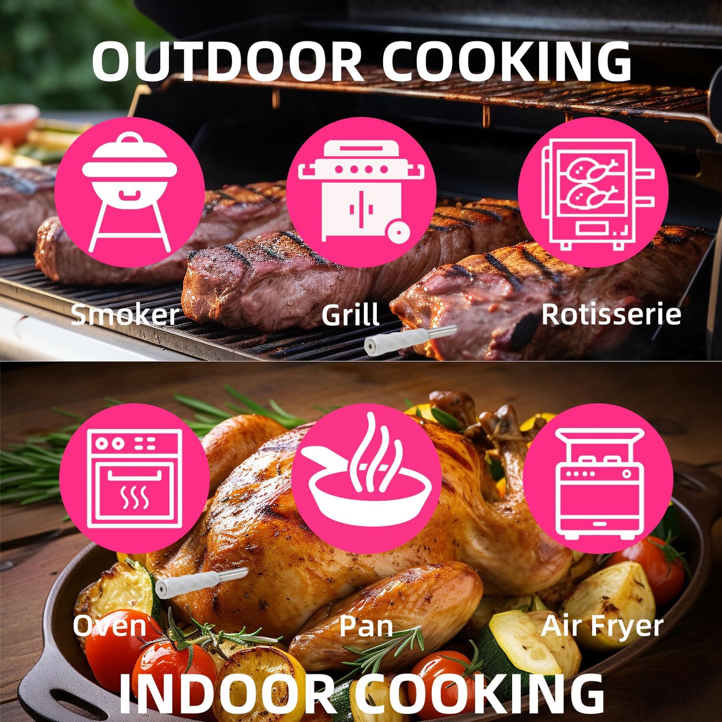 Amsau Wireless Smart Meat Thermometer with Bluetooth | Long Range | Measures Internal & Ambient Temp | for BBQ, Oven, Grill, Kitchen, Smoker, Rotisserie (Black)