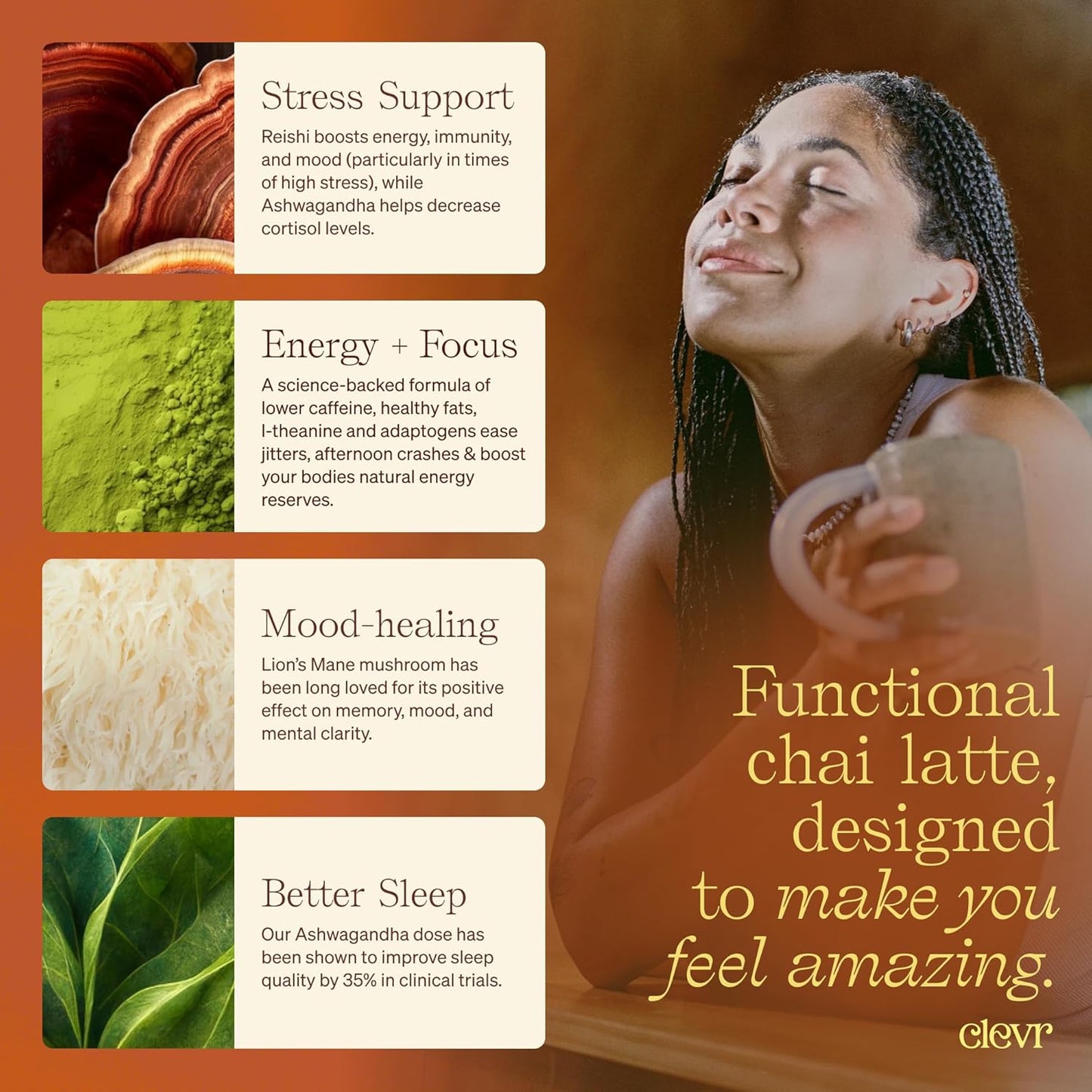 Clevr Blends Chai Tea Latte, Instant Superfood Powder Blend with Oat Milk, Lions Mane, Reishi Mushroom, Black Tea, Organic Spices, Coconut Cream, Ashwagandha, Oprah’s Favorite Things 2022, (30 Lattes)