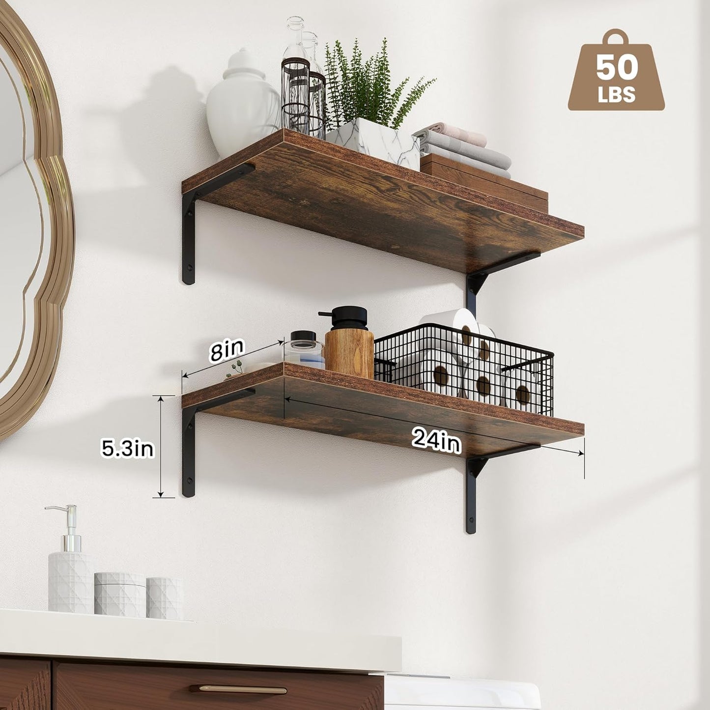 Fun Memories Deep Floating Shelves, 24W x 8D Floating Shelves Set of 2, Wall Mounted Shelf with Metal Brackets, Rustic Wood Wall Shelf for Bathroom, Kitchen and Living Room, Rustic Brown