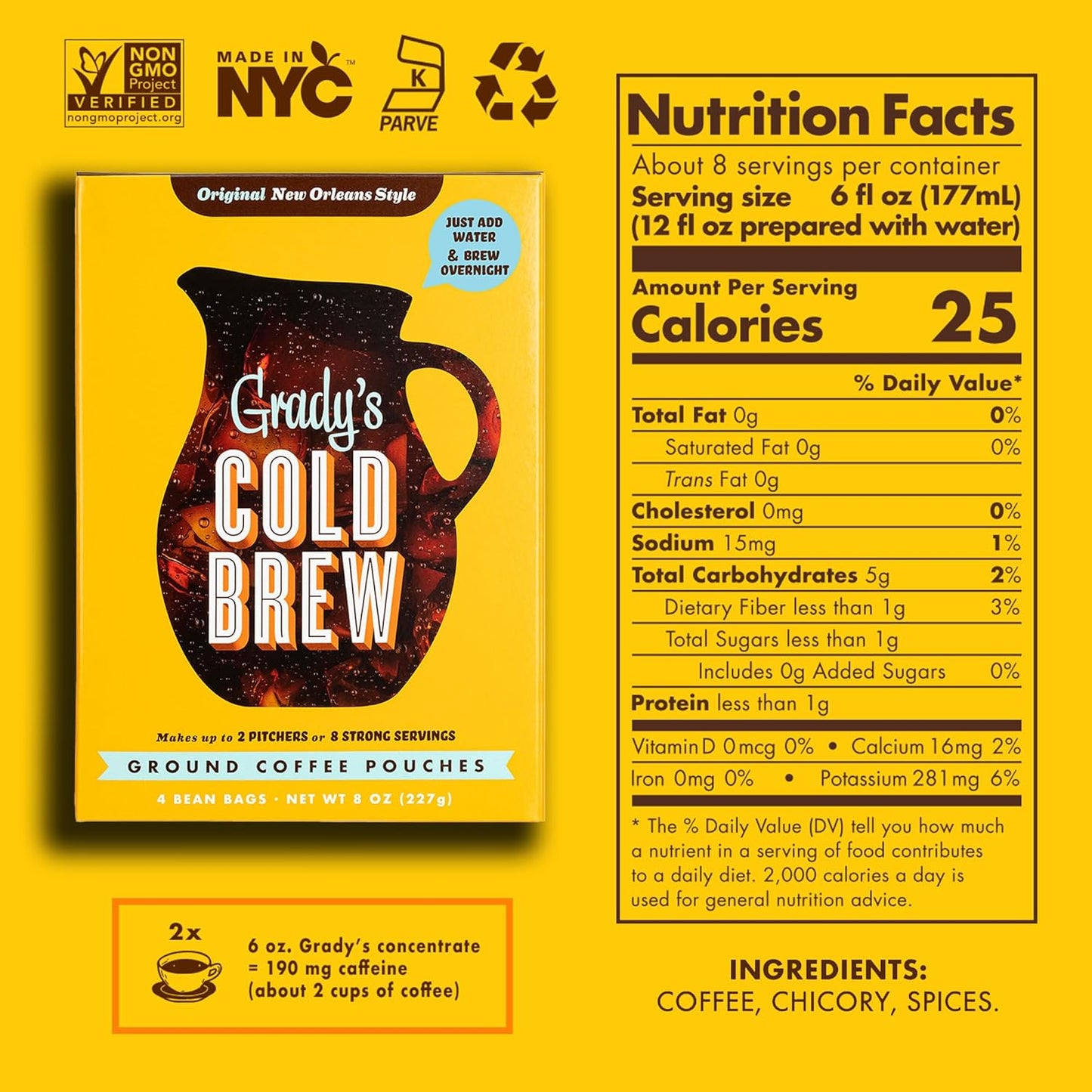 GRADY’S COLD BREW, New Orleans Style, 100% Arabica Ground Coffee & Chicory Pouches, TWO Boxes of Four Easy-to-Brew Bean Bags, Makes 24 drinks