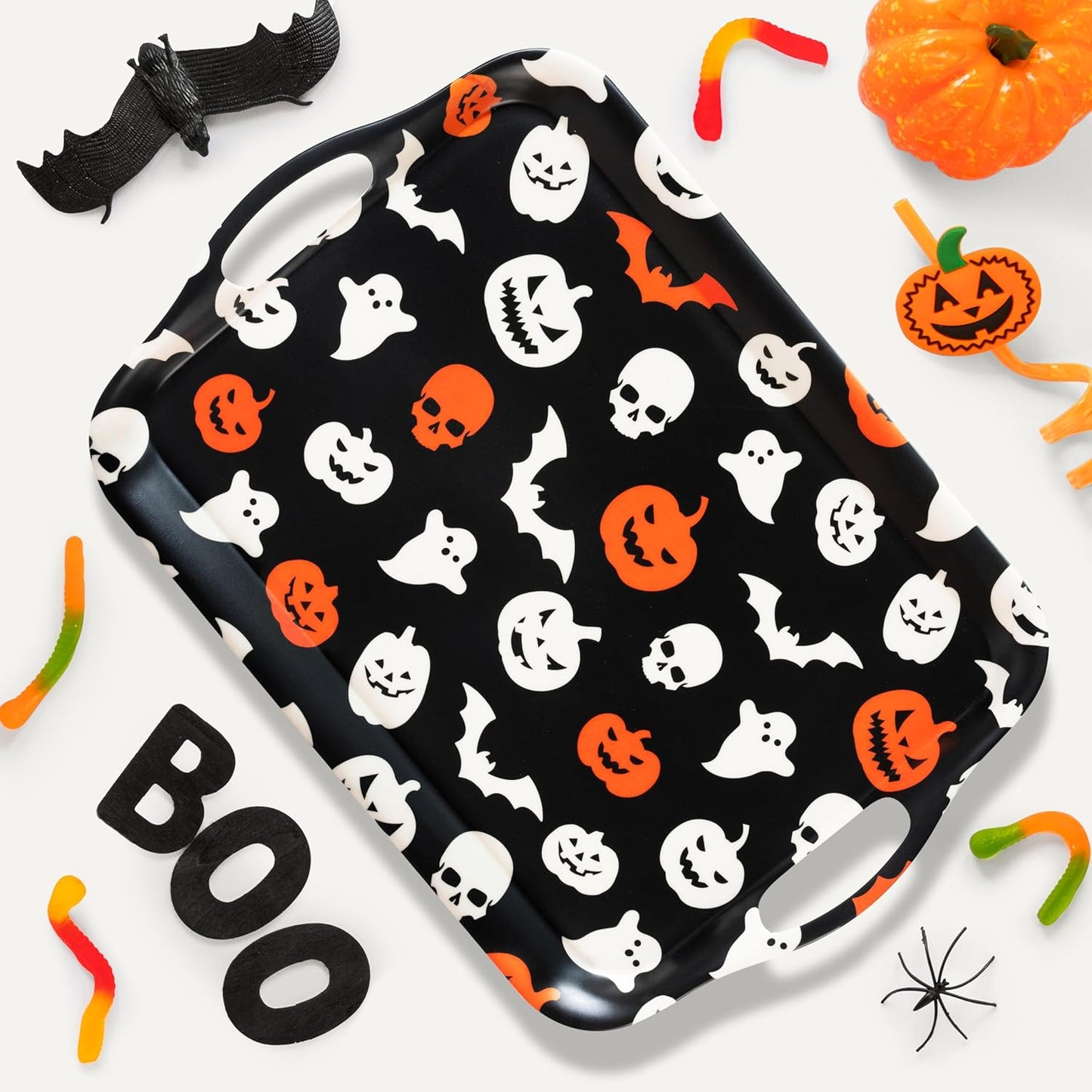 Oasis Choice 2-Pack Halloween Bamboo Fiber Serving Trays - 18x13 Inch Large Platters w/Handles for Horror Party, Birthday,BBQ, Buffet - Pumpkin, Bat & Skeleton Decor (Spooky Black, 18inch)