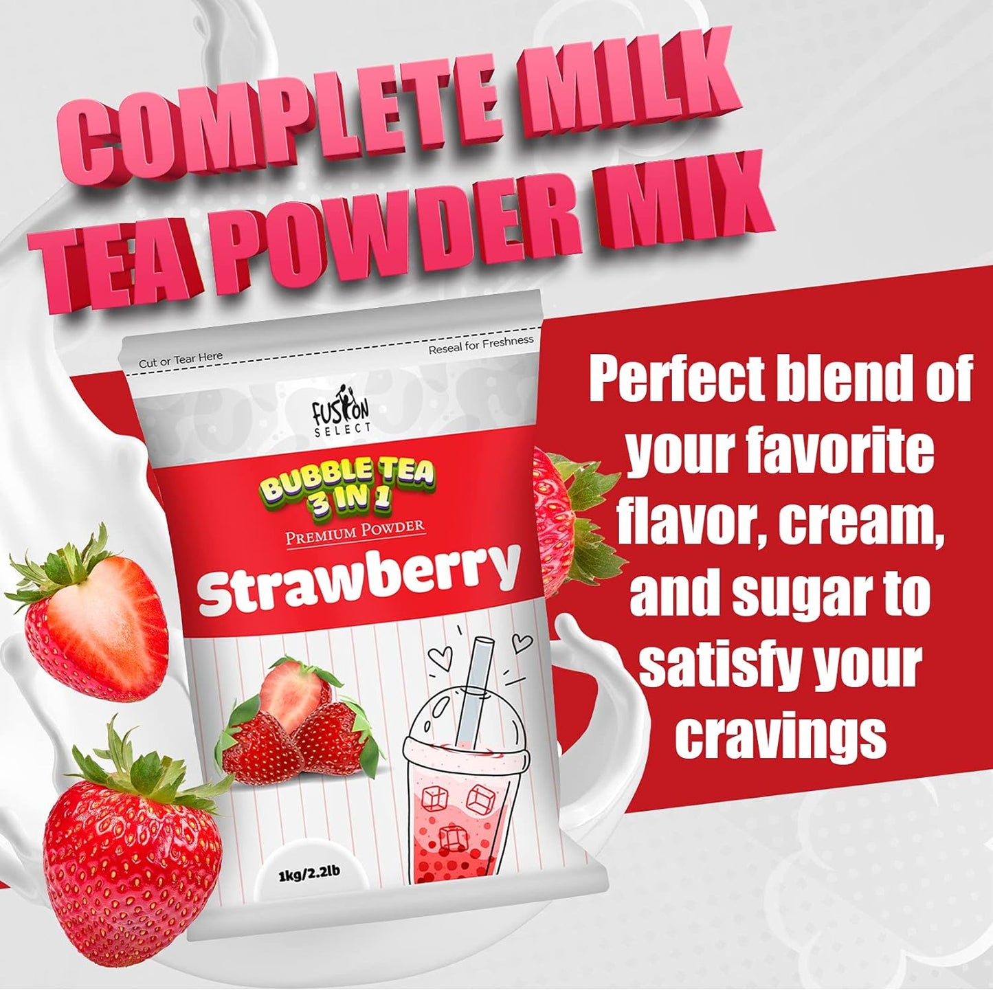 Fusion Select 2.2lb Tea Powder Strawberry Flavored-3-in-1 Drink Powder with Cream & Sugar - Instant Pre-Mixed Beverage for Hot or Cold Blends or Yummy Frappes (Strawberry)