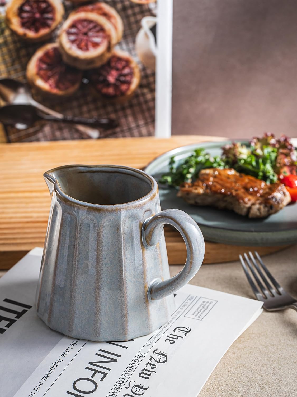 Ceramic Creamer Pitcher,17 Oz Coffee Creamer Container with Handle, Small Milk Pitcher Pourer for Sauces, Salad, Gray