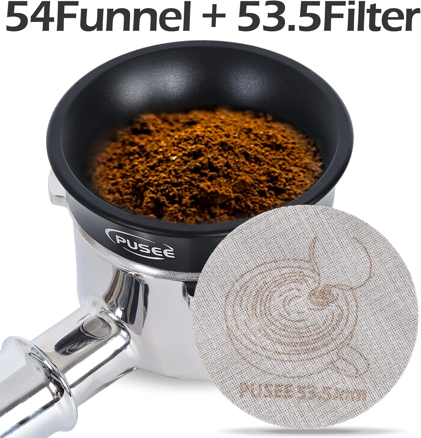 54mm Espresso Dosing Funnel & 53.5mm Puck Screen,PUSEE Coffee Dosing Ring Aluminum Metal,Reusable 1.7mm Thickness 150μm Espresso Puck Screen 316 Stainless Steel Fits 54mm Portafilter