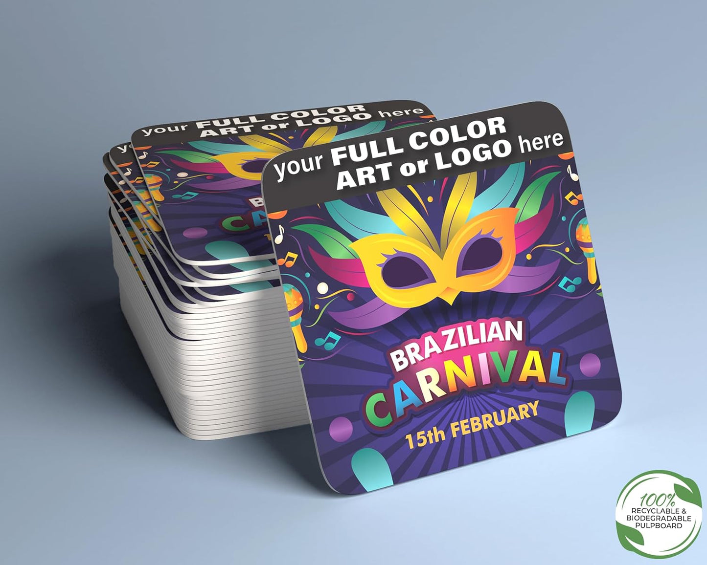 B.E. Green Custom Coasters - Pulpboard Personalized Coasters for Drinks - Full Color Print - Reusable & Absorbent - Beverage Coaster - Promo Events & Celebrations - Pack of 50 - Full Coverage, 4"x 4"