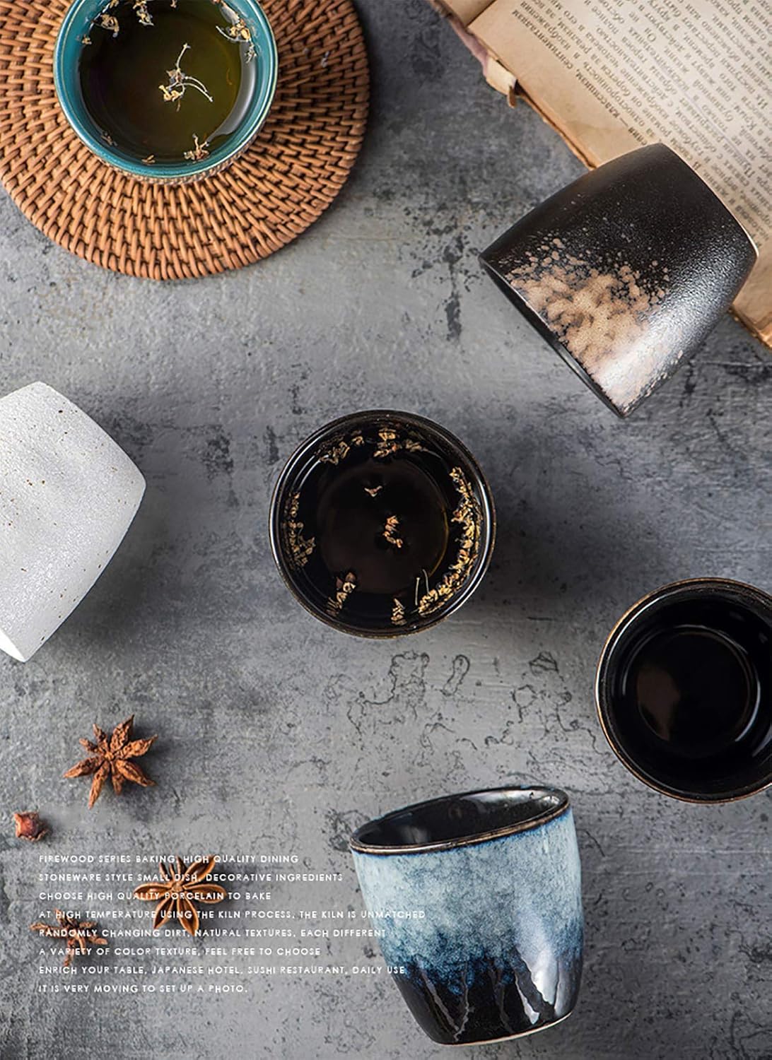 Ceramic Tea Cup, Kung Fu Tea set, Coffee Cup, Yerba Mate Set 4-piece companion cup set (Grey)