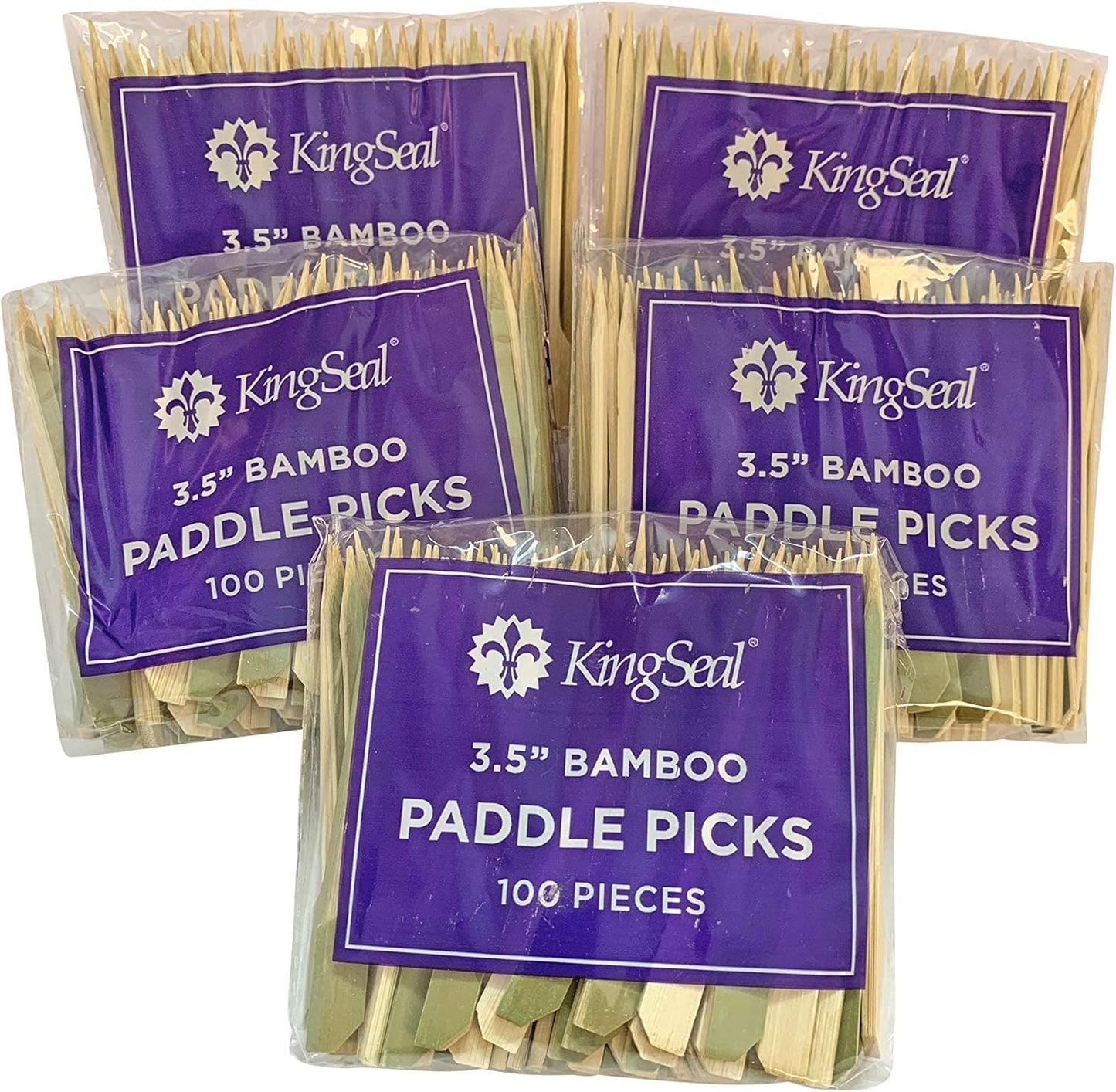 500 Count | KingSeal Natural Green Bamboo Wood Paddle Picks, Skewers for Appetizers and Cocktails, 3.5 Inches, Bulk Pack - 5 Packs of 100