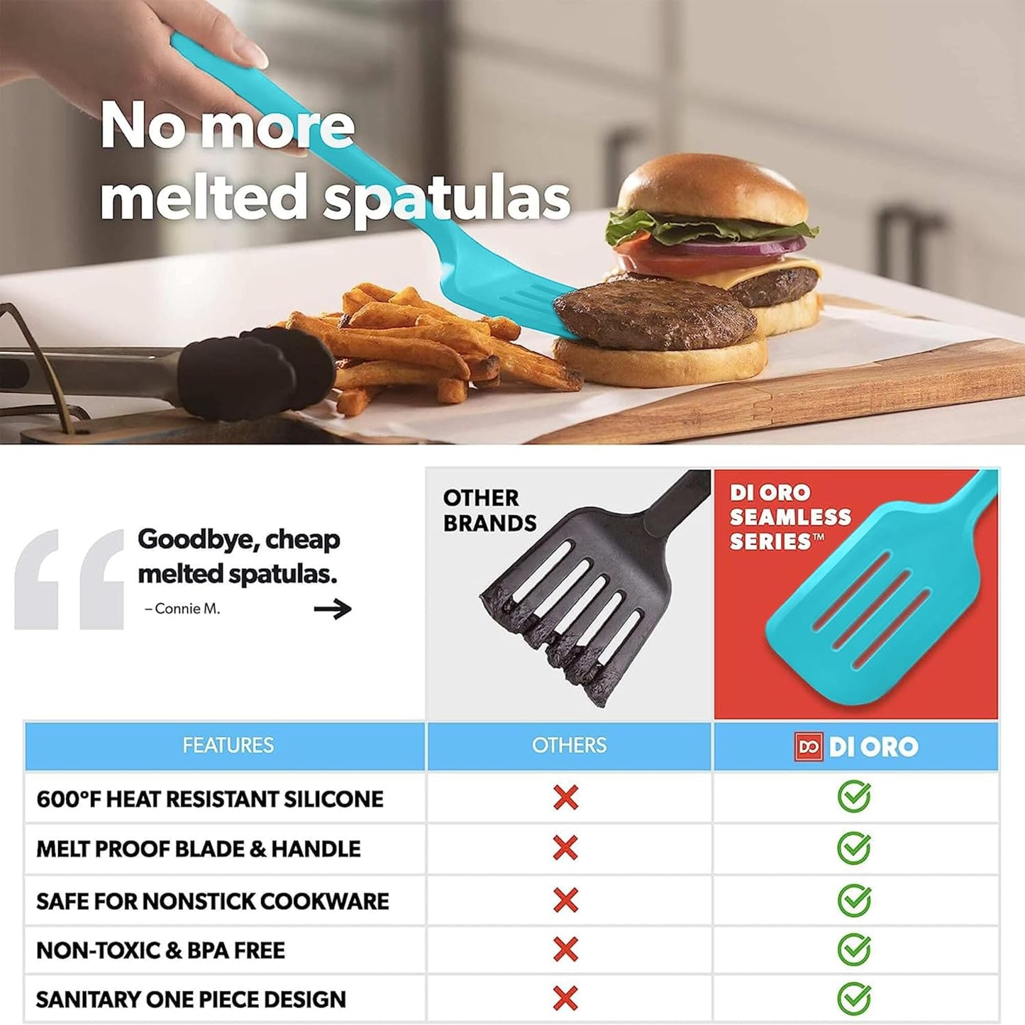 New DI ORO Silicone Turner Spatula Set - Kitchen Spatulas for Nonstick Cookware - Cooking Utensils for Flipping Eggs & Pancakes - 600°F Heat-Resistant BPA Free Turners - Dishwasher Safe (4pc, Teal)