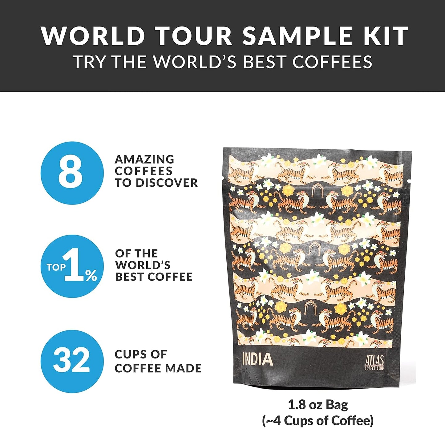 Atlas Coffee Club World of Coffee Discovery Set - Gourmet Coffee Gift Sampler - 8-Pack Variety Box of the World’s Best Single Origin Coffees - Freshly Ground Coffee