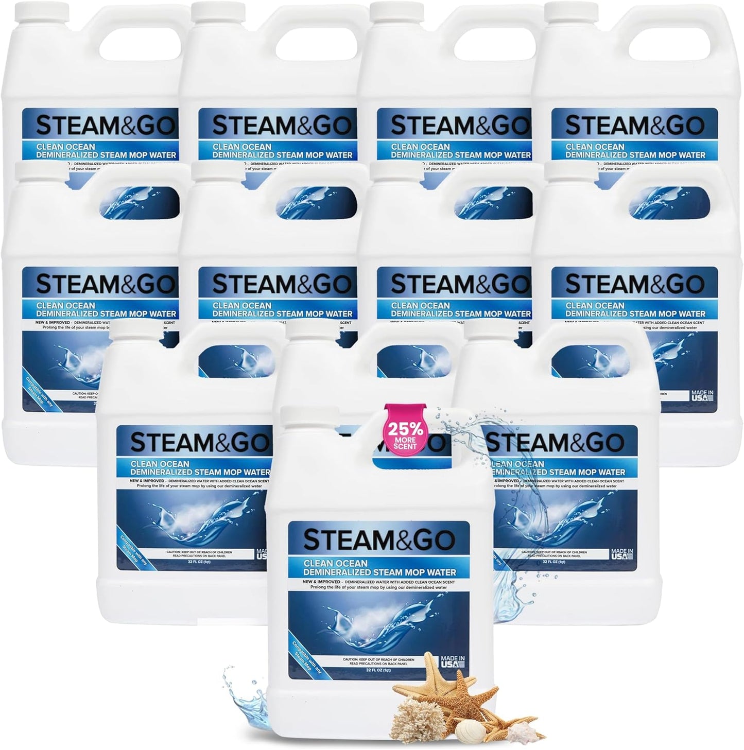 Steam & Go Demineralized Water - Multi-Surface Cleaner, PVC-Free Ready-to-Use for Mops & Floor Steamers - Ideal for Kitchen, Bathroom, & Home Surfaces - Clean Ocean Scent - 32oz (Pack of 12)
