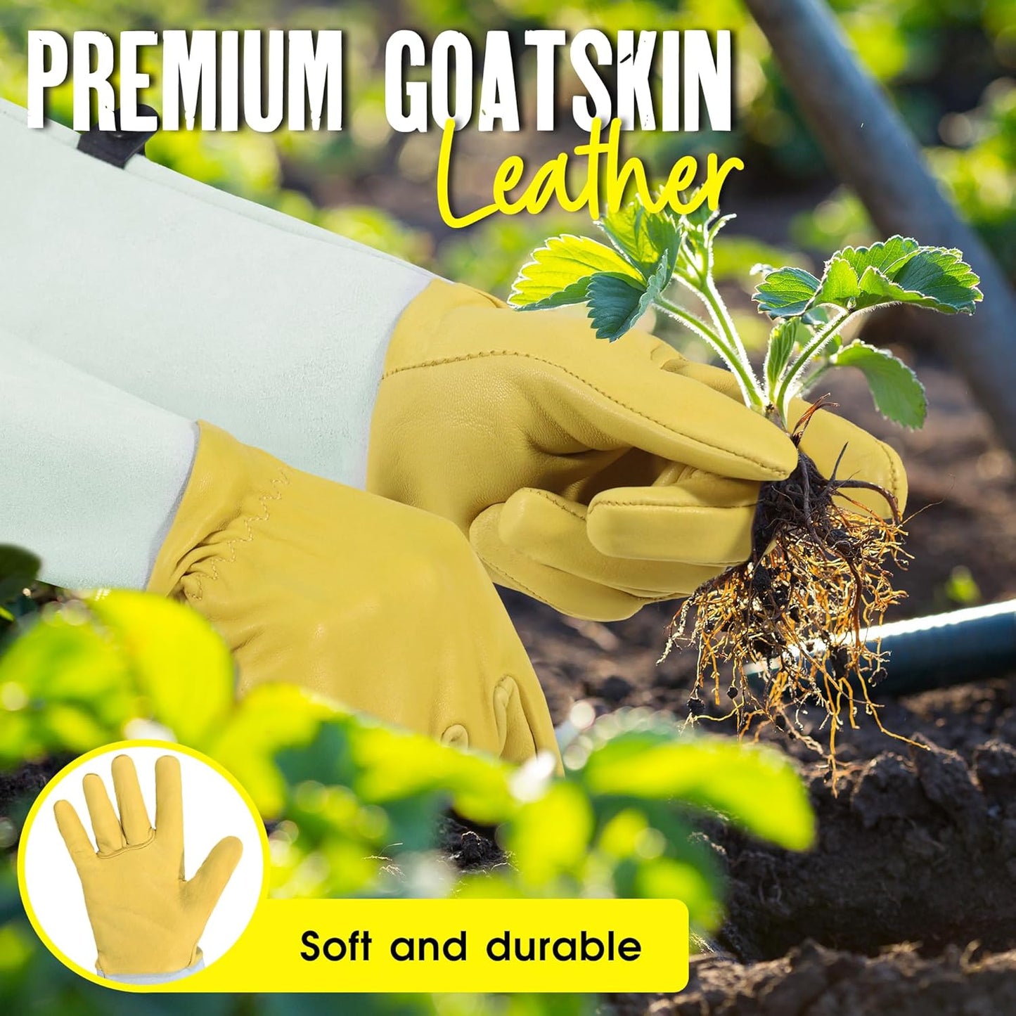 HANDLANDY Rose Gloves for Men & Women, Long Leather Gardening Gloves Thorn Proof, Best Garden Gifts & Tools for Gardener (Yellow-beige, Small (Pack of 1))