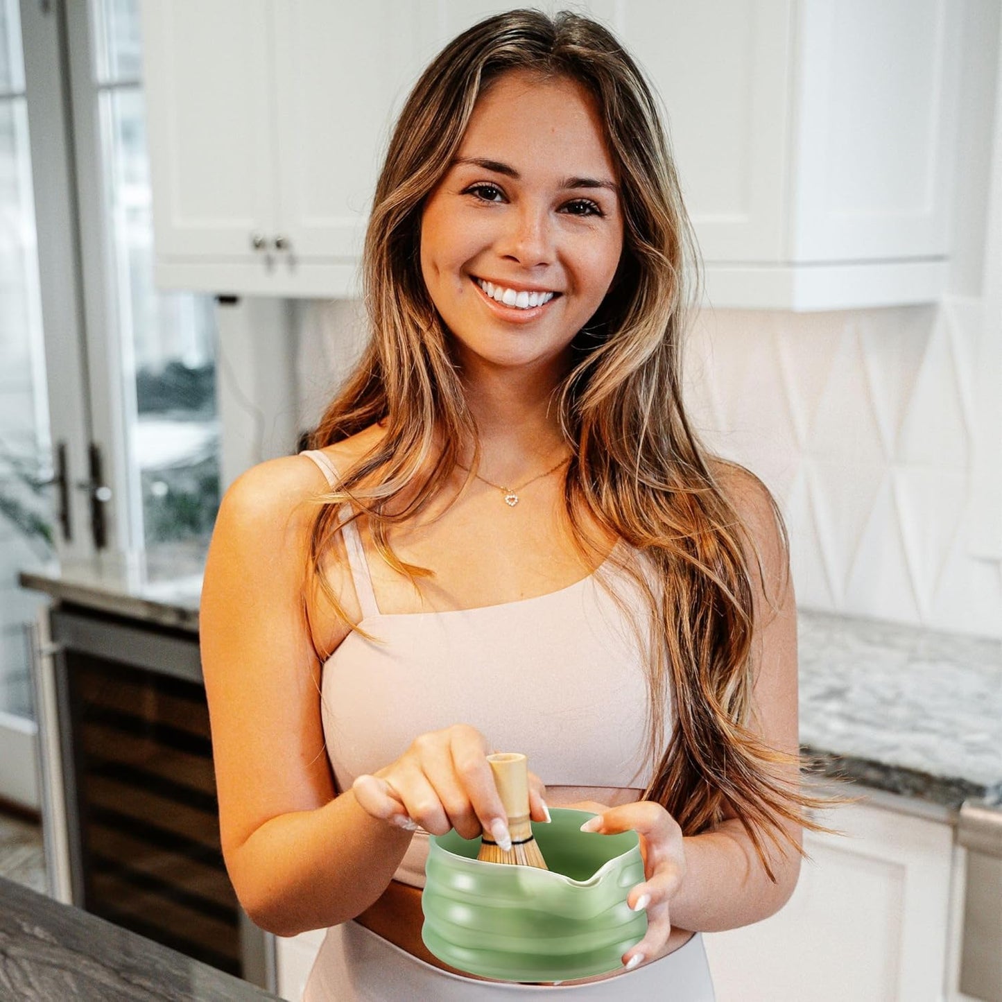 Marce Matcha Whisk Set- Matcha Set includes Matcha Whisk and Bowl with Spout, Sifter, Holder and Scoop- The Perfect Bamboo Whisk for Matcha Tea (Green)