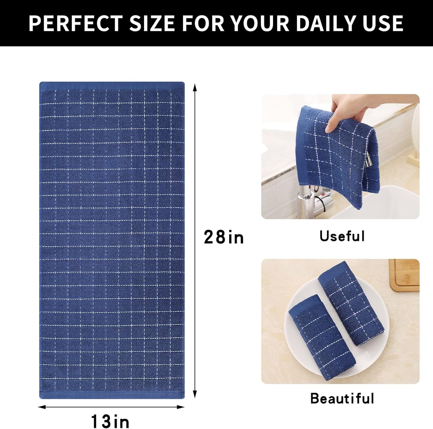 Homaxy 100% Cotton Terry Kitchen Towels(Navy Blue, 13 x 28 inches), Checkered Designed, Soft and Super Absorbent Dish Towels, 4 Pack