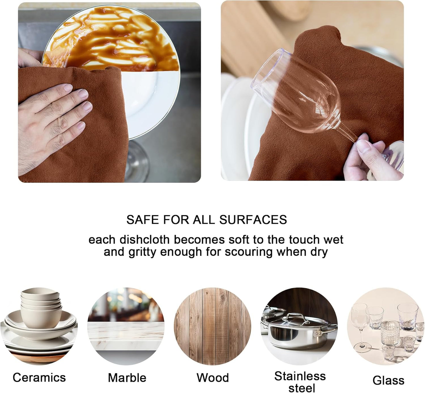 kimteny 13x28 Inches Kitchen Cloth Dish Towels, 400 GSM Premium Dishcloths, Super Absorbent Coral Velvet Microfiber Cleaning Cloths, Fast Drying Rags for Washing Dishes (6 Pack, Brown)