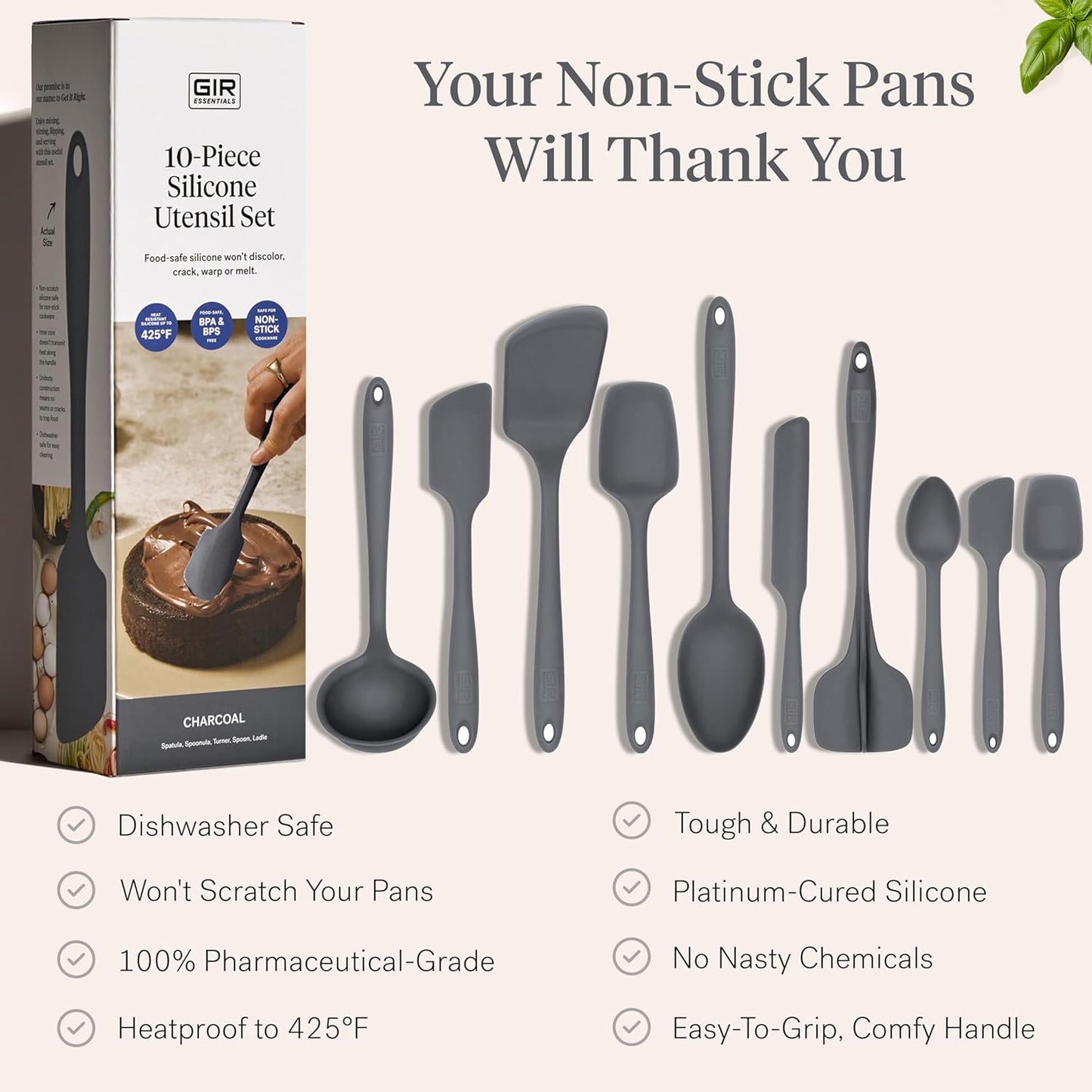 GIR: Get It Right 10 Piece Silicone Utensil Set - Ladle, Spatula, Flip, Spoon & Spoonula, Non-Stick, Heat Resistant, Dishwasher Safe, Silicone Kitchen Utensils, Baking Supplies