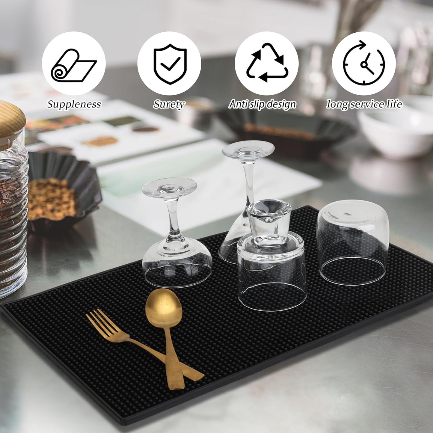 6 Pcs Rubber Bar Mat for Countertop 18 x 12 Inch Coffee Bar Mats Non Slip Silicone Bars Mats for Bartending,Drying Spill Mats for Restaurants,Black