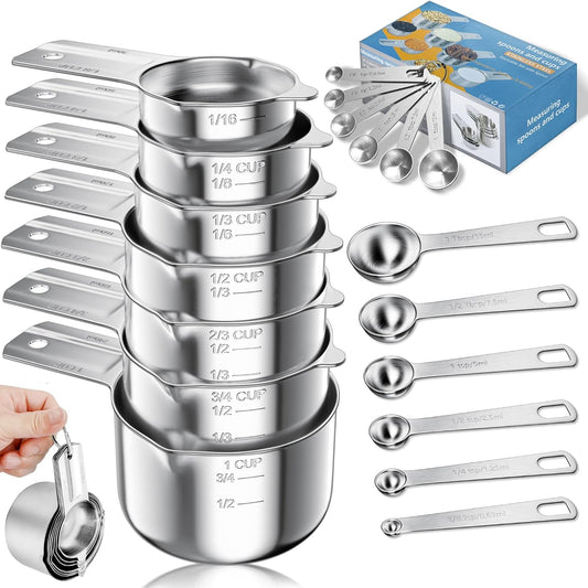 Vakoo 13-Piece Stainless Steel Measuring Cups and Spoons Set - Stackable & Nesting, U.S./Metric Dual Markings, Dishwasher Safe, Kitchen Gadgets for Baking & Cooking
