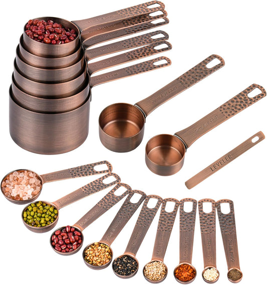 Copper Measuring Cups and Spoons Set 20 for Kitchen & Baking, Metric & US Stainless Steel Measure Cups and Spoons with Leveler for Dry & Liquid