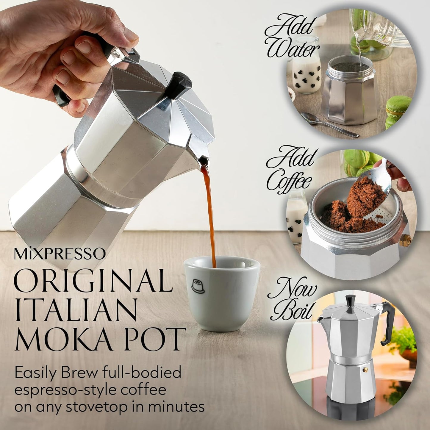 Mixpresso 6 Cup Moka Pot Cuban Coffee Maker, Moka Pot for Gas, Electric Stove Top, Classic Italian Coffee Maker, Stovetop Espresso Maker, Camping Pot Makes 6 Espresso Cup 10 Oz