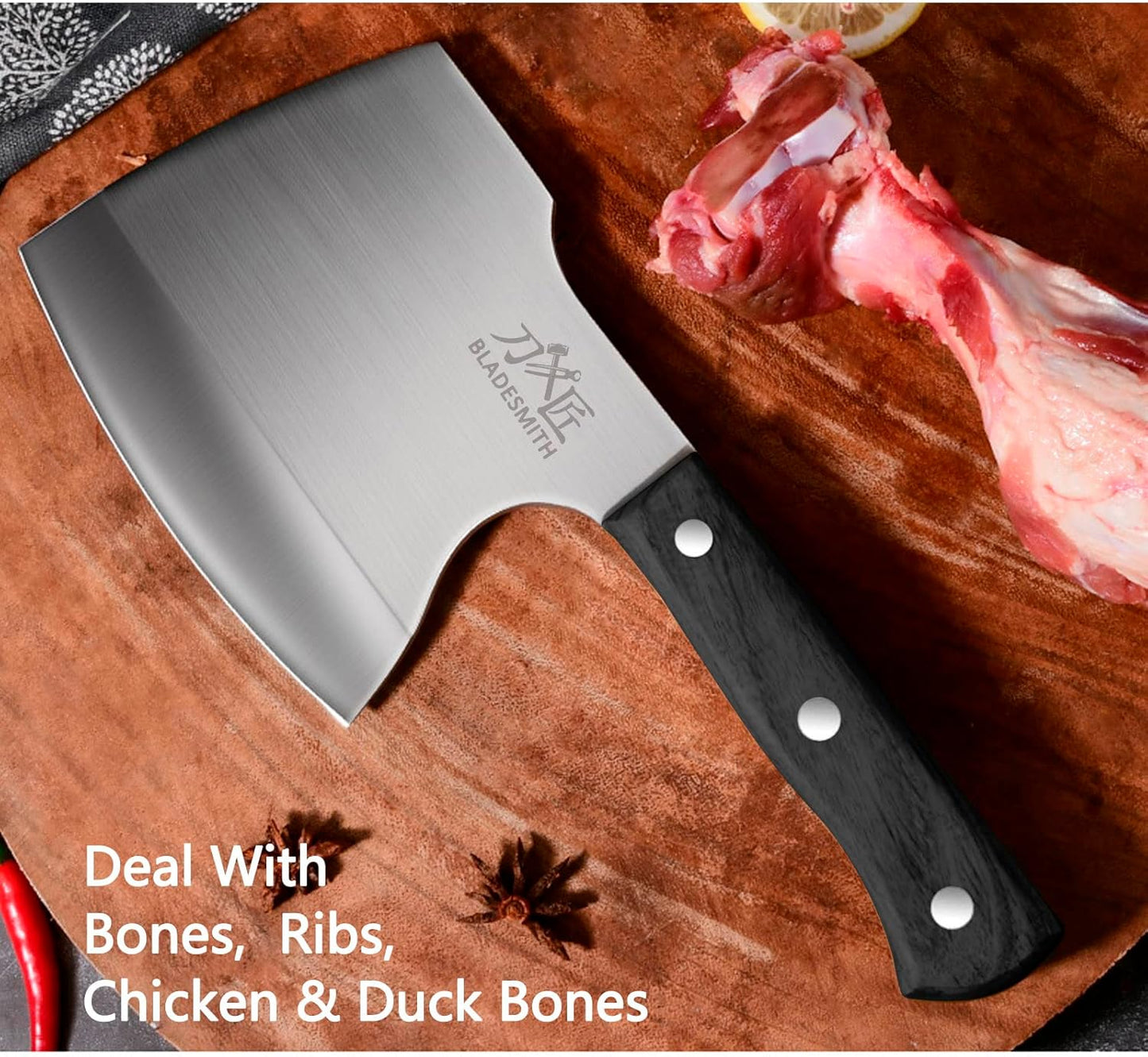 BLADESMITH Bone Cleaver Knife, Full Tang, Heavy Duty use, for Big Bones and frozen meat, Axe Blade Shape, 2lbs -7mm Thickness high Carbon Steel, Black wood Handle,2025 Gifts