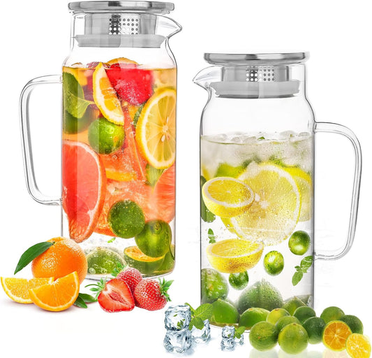 Set of 2 Glass Pitcher with Lid, 1200ml Leak Proof,Glass Water Jugs, BPA-Free,Microwave & Dishwasher Safe Pitcher,Sun & Iced Tea, Sangria,Cold Brew Coffee & More
