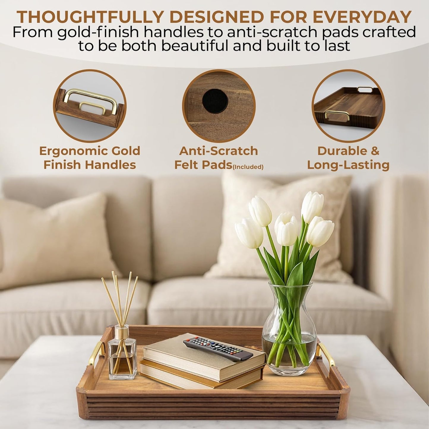 Acacia Wood Serving Tray with Metal Handles  – 17x12in Rustic Decorative Ottoman & Coffee Table Tray for Breakfast in Bed, Dinner, Bar, Kitchen, Home Décor & Entertaining