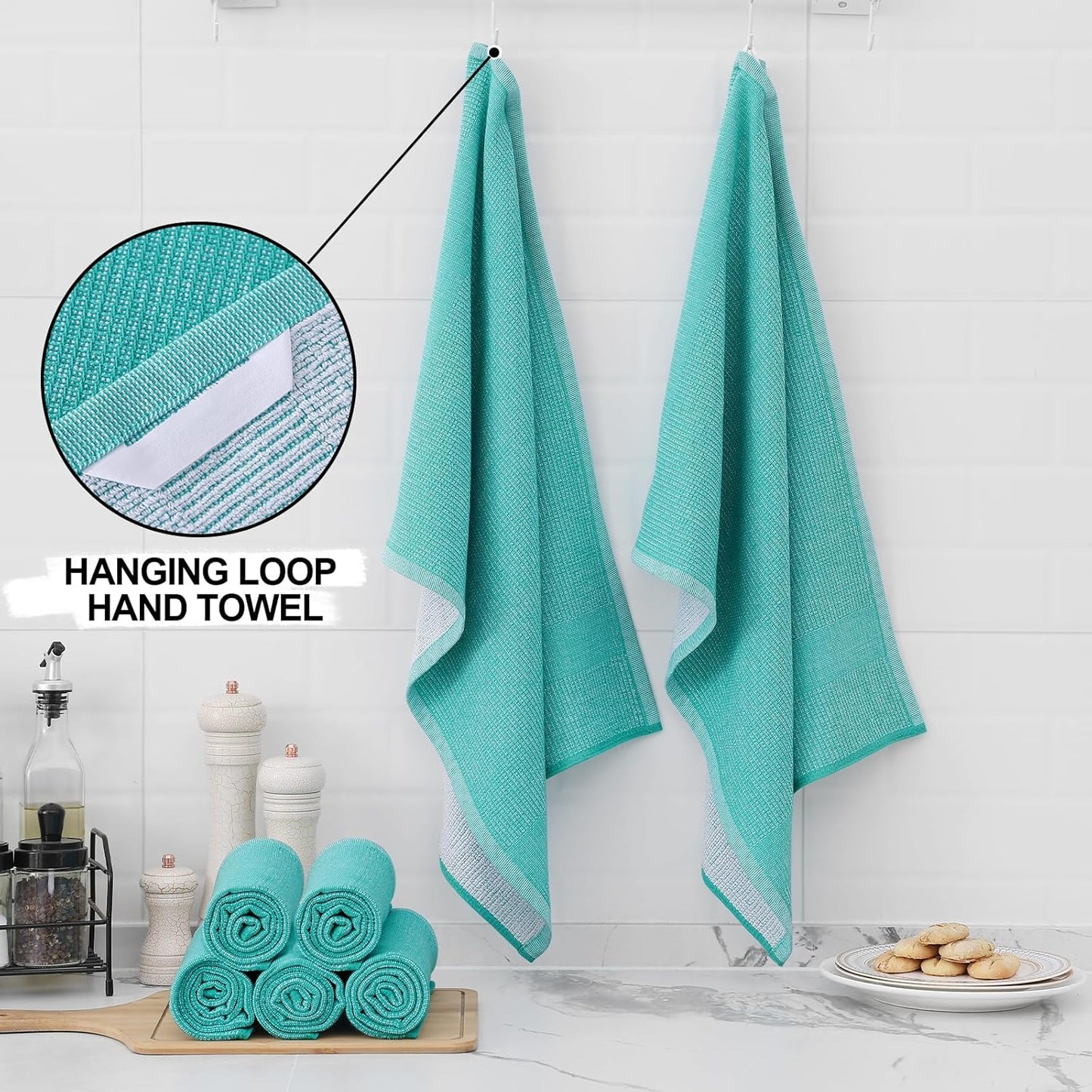 Homaxy Premium Kitchen Towels(18”x 28”, 8 Pack), Large Cotton Kitchen Hand Towels, Flat and Terry Dish Towels, 380 GSM Highly Absorbent Tea Towel Set with Hanging Loop, Teal