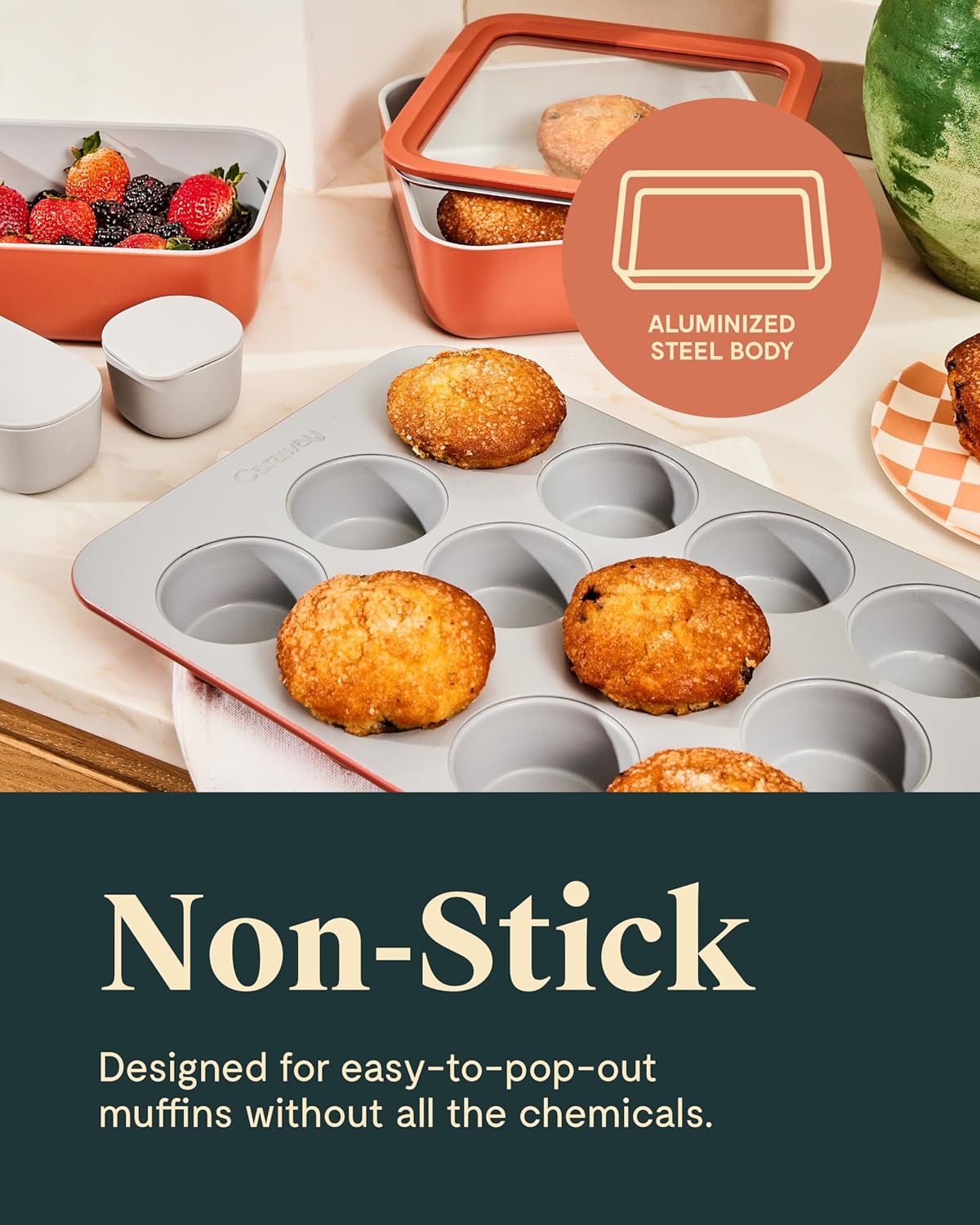 Caraway Non-Stick Ceramic 12-Cup Muffin Pan - Naturally Slick Ceramic Coating - Non-Toxic PTFE & PFOA Free - Perfect for Cupcakes, Muffins, and More - Sage