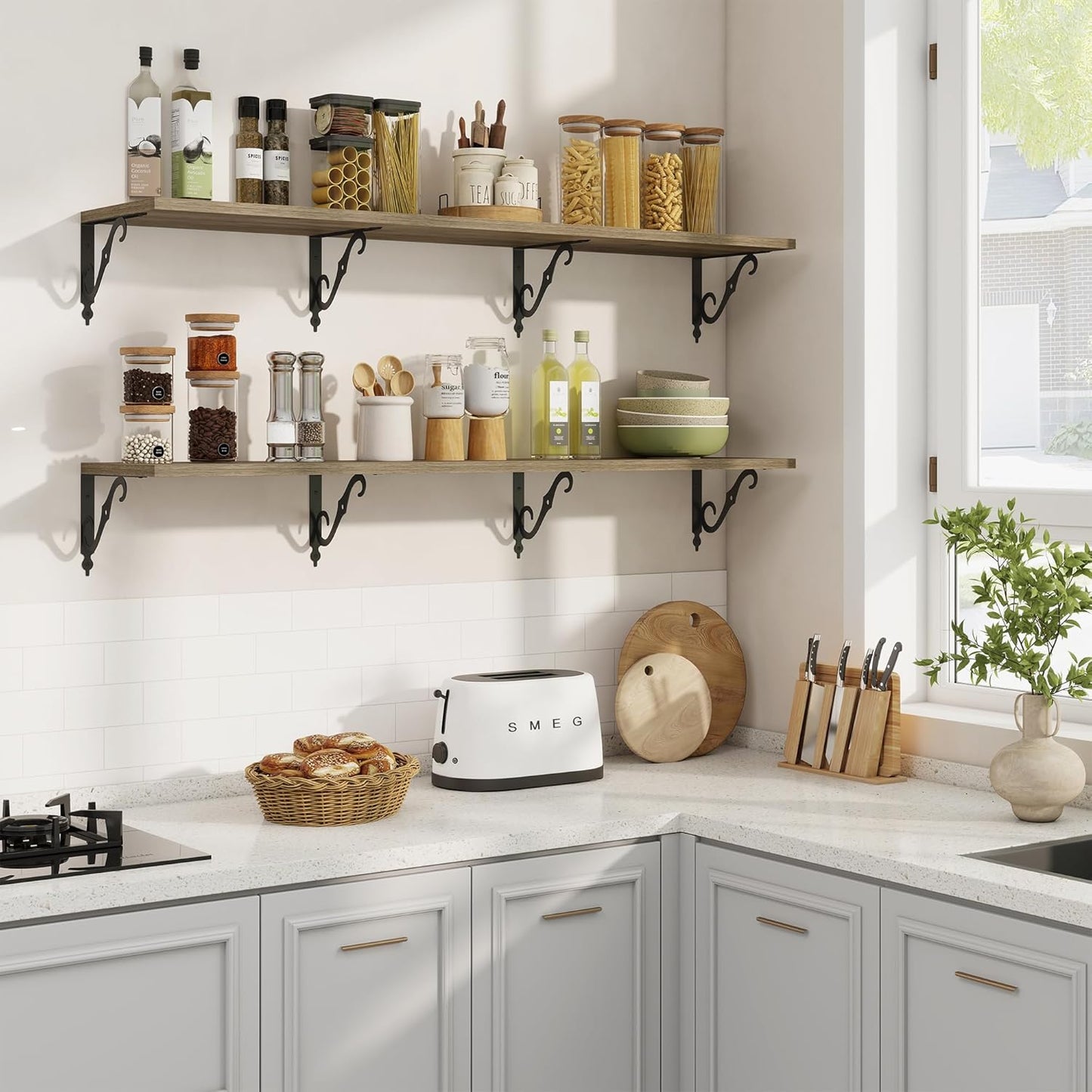 RICHFOCUS 12 Inch Deep Floating Shelves for Wall, 55" W x 12" D Wood Wall Shelves Set of 2, Wide Floating Shelves for Living Room, Bedroom, Kitchen, Bathroom and Decor Storage, Grey