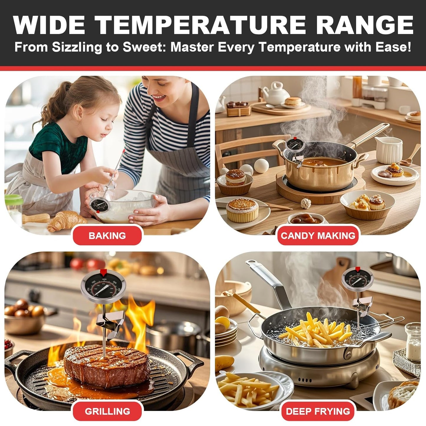 Glow-in-The-Dark Candy Thermometer Waterproof - 9" Deep Fry & Candy Thermometer with Pot Clip – High-Heat, Waterproof for Oil, BBQ, Candle Making，Black