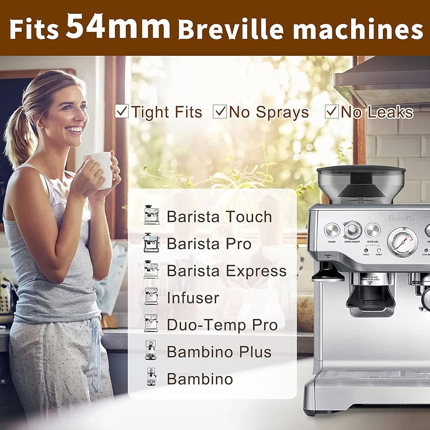 54mm Coffee Bottomless Portafilter, Compatible with Breville Barista Bes 870/878/880 Replacement Parts Bottomless Portafilter（brown）.