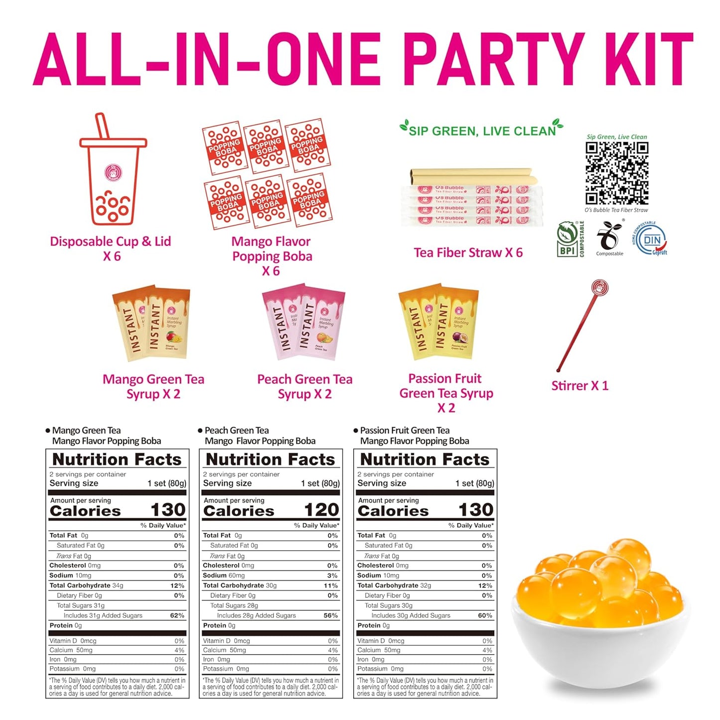 O's Bubble Boba Tea Kit - 6 Servings Bubble Tea Kit - Popping Boba Party Kit - 3 flavors Popping Boba Kit - 6 Packs of Syrups and 6 packs of Popping Boba - All in One Boba Kit for Popping Boba Tea Lovers